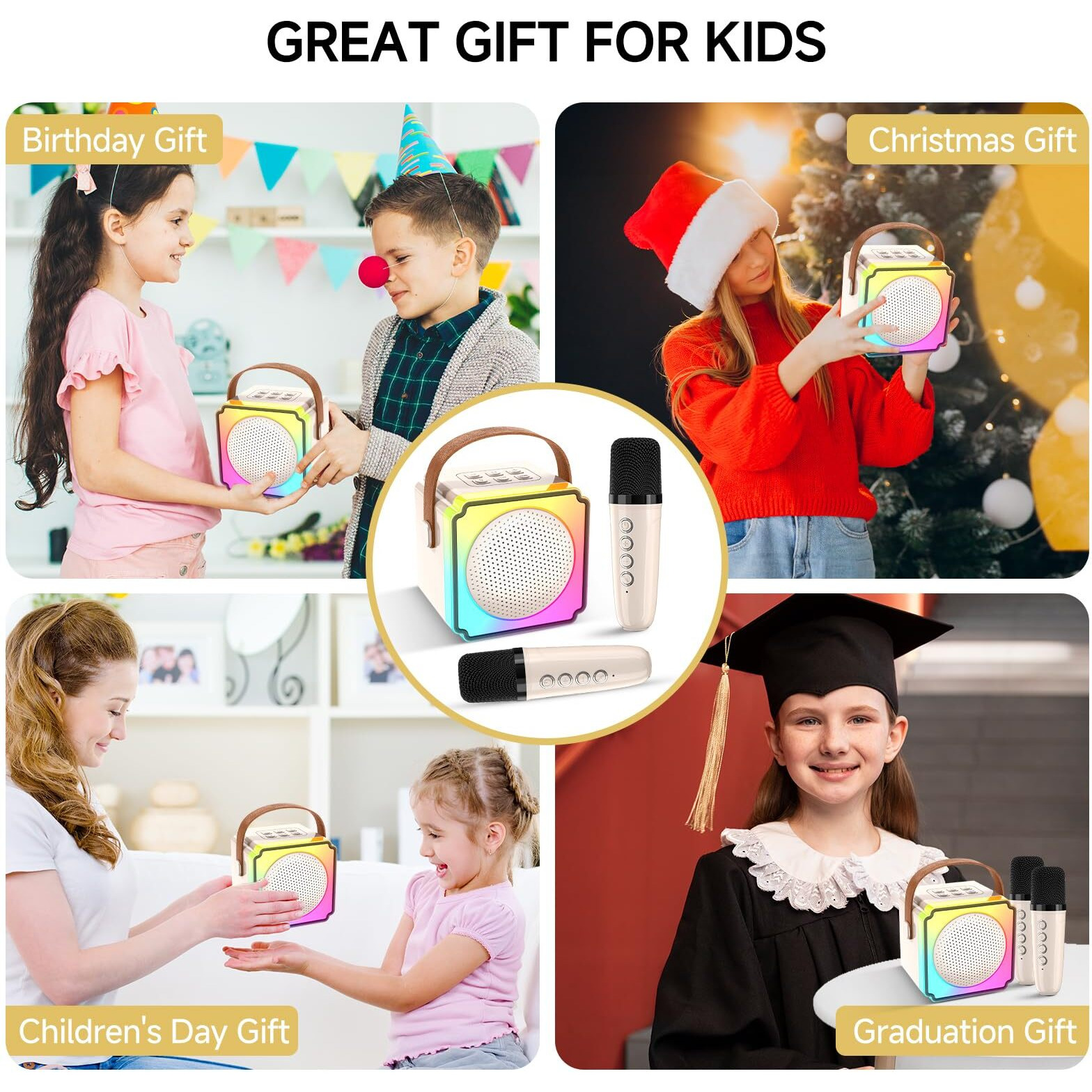 Mini Karaoke Machine For Kids And Adults,Portable Bluetooth Karaoke Machine With 2 Wireless Microphones, Kids Karaoke Machine For Home Party,Birthday Gifts For Girls Boys(Beige)