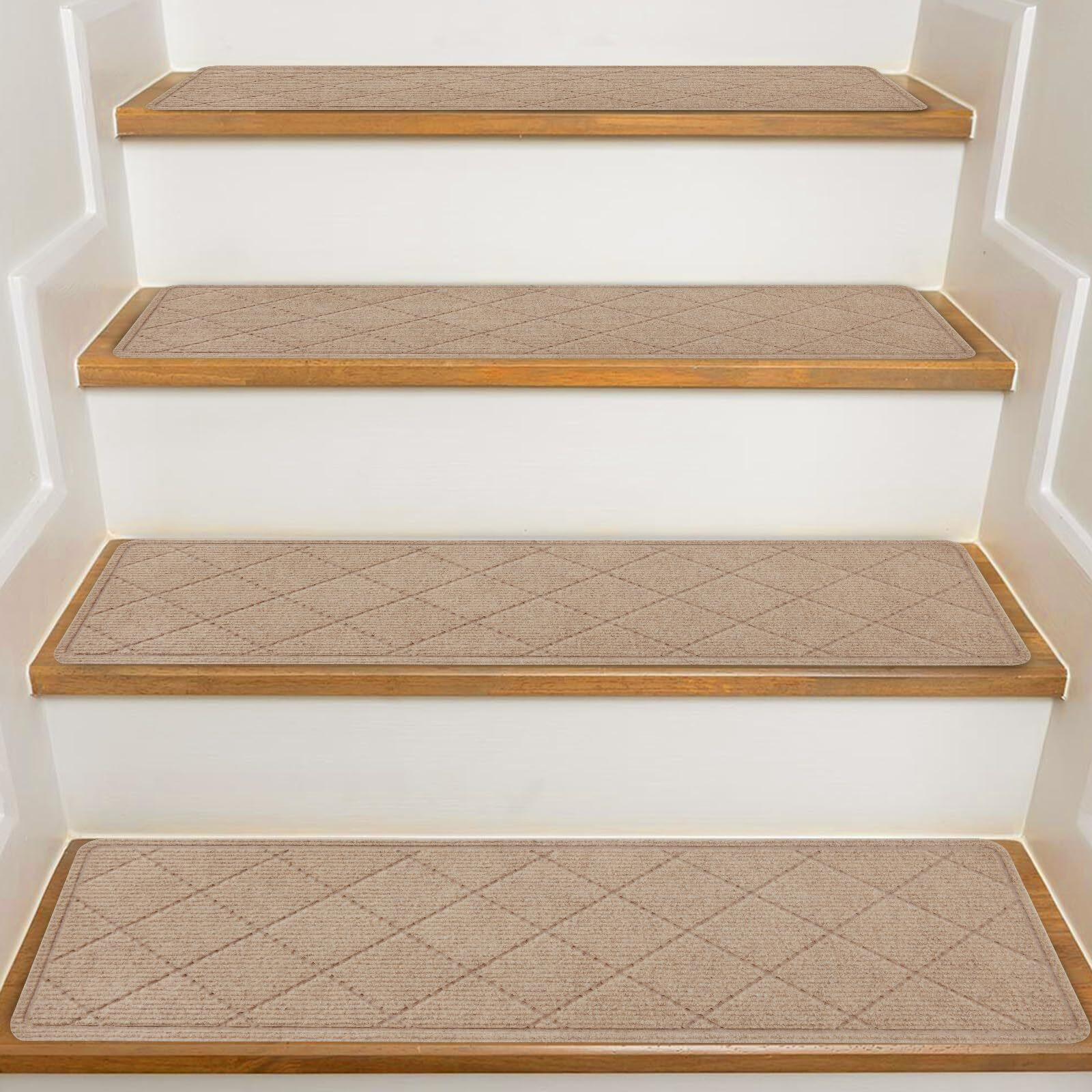 Kooteta Stair Treads For Wooden Steps Indoor, 15 Pack 8"" X 30"" Non Slip Carpet Stair Treads With Reusable Adhesive For Kids Elders And Dogs, Surface Polyester Tpr Backing Stair Rugs, Beige