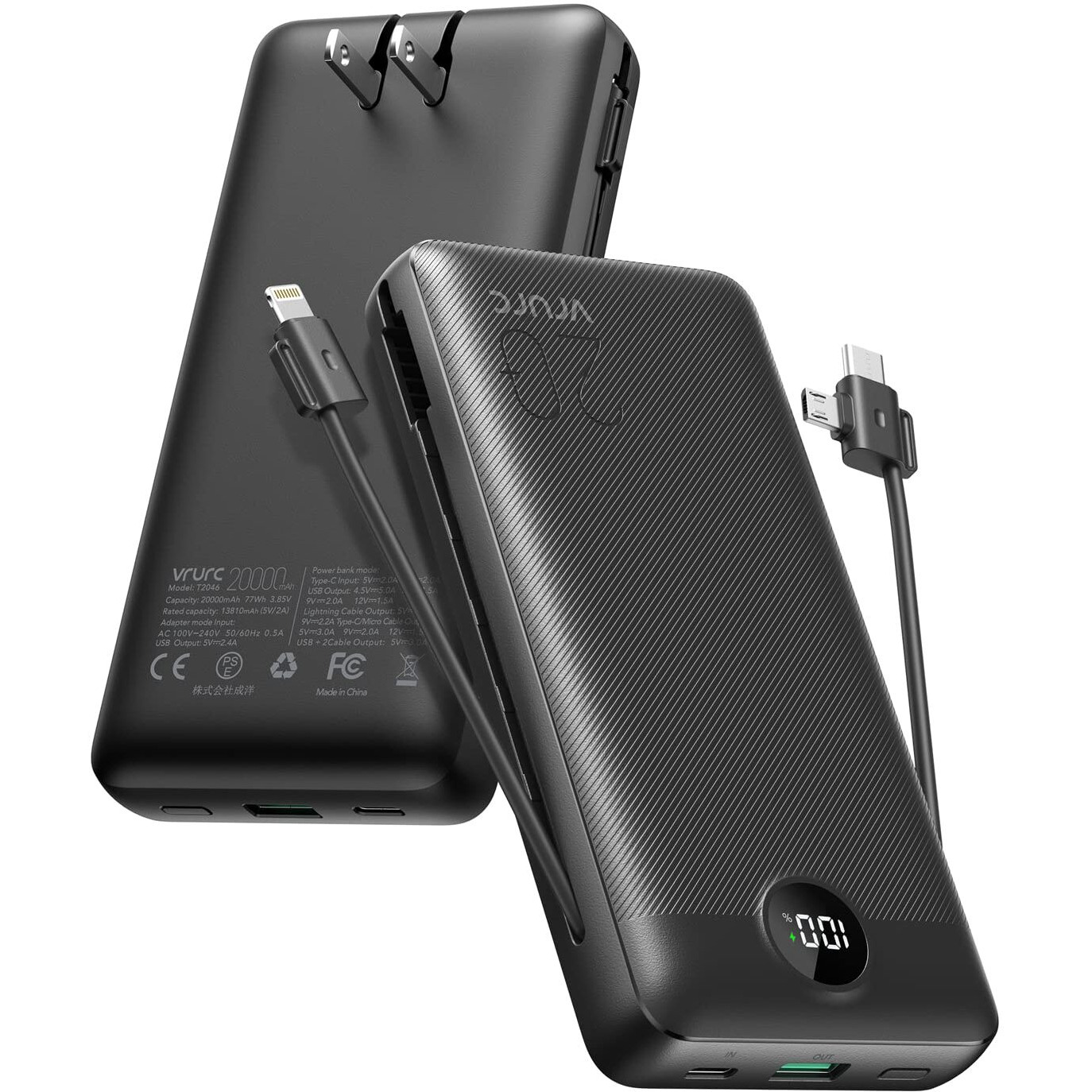Vrurc Portable Charger 20000Mah, Fast Charging Power Bank Usb C,4 Output 2 Input Charging Bank Equipped With Led Display,Built-In Wall Plug And Cables,Cell Phone Replacement Battery,Black