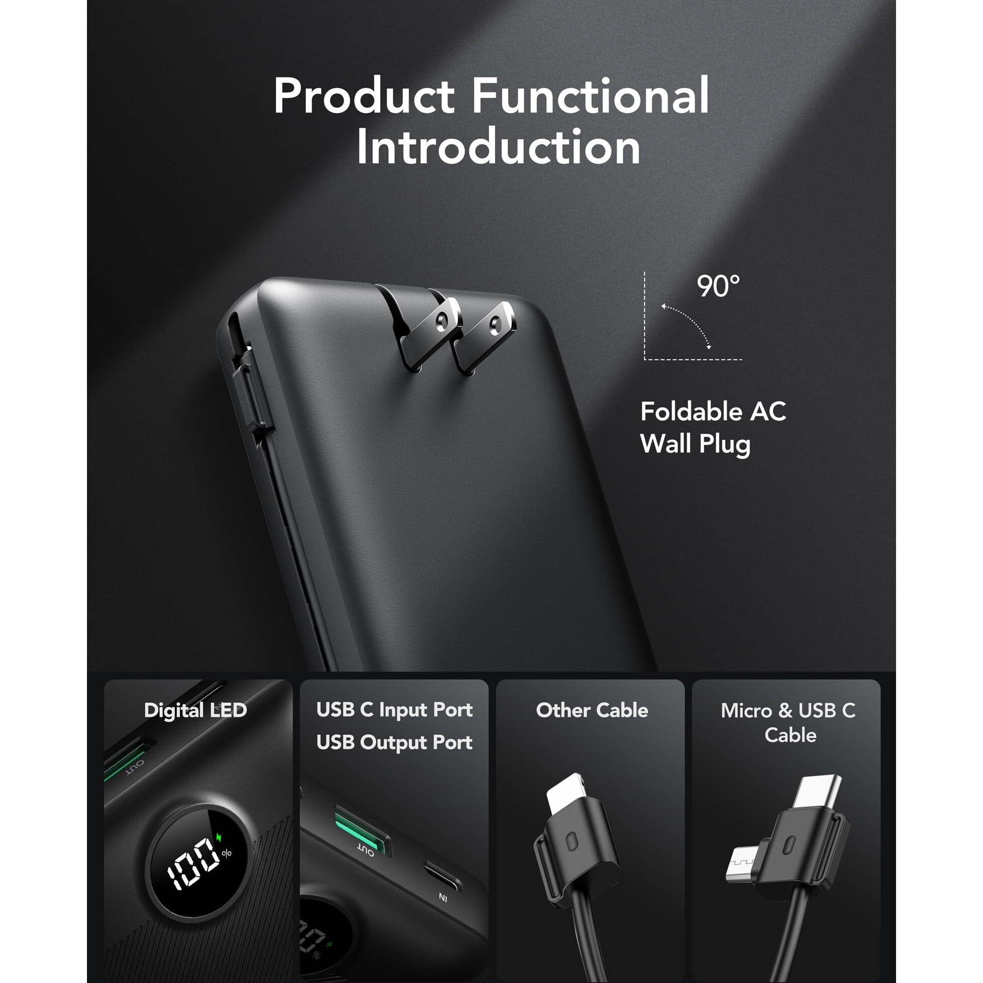 Vrurc Portable Charger 20000Mah, Fast Charging Power Bank Usb C,4 Output 2 Input Charging Bank Equipped With Led Display,Built-In Wall Plug And Cables,Cell Phone Replacement Battery,Black