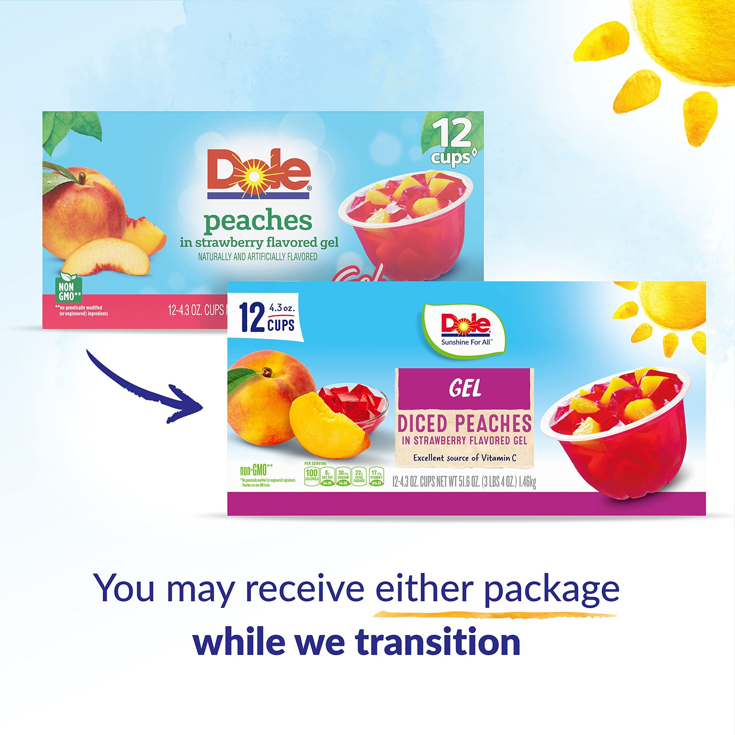 Dole Fruit Bowls Peaches In Strawberry Flavored Gel Snacks, 4.3Oz 12 Total Cups, Gluten & Dairy Free, Bulk Lunch Snacks For Kids & Adults