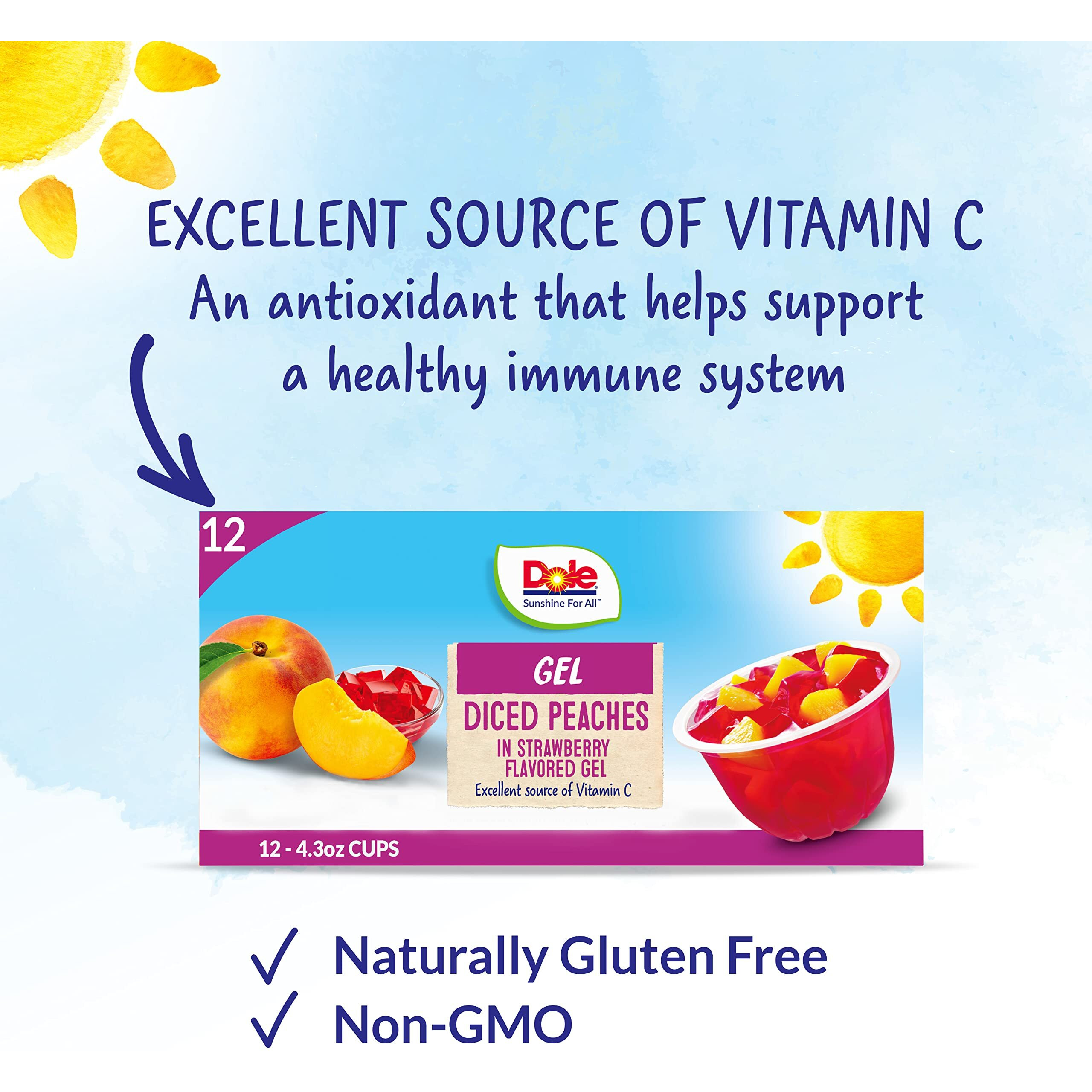 Dole Fruit Bowls Peaches In Strawberry Flavored Gel Snacks, 4.3Oz 12 Total Cups, Gluten & Dairy Free, Bulk Lunch Snacks For Kids & Adults