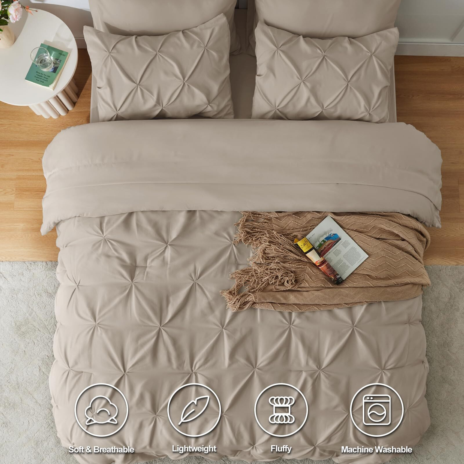 Cozylux King Size Comforter Set - 7 Pieces Bed In A Bag Oatmeal King, Pintuck Comforters Pinch Pleat Bedding Sets With All Season Comforter, Flat Sheet, Fitted Sheet And Pillowcases & Shams