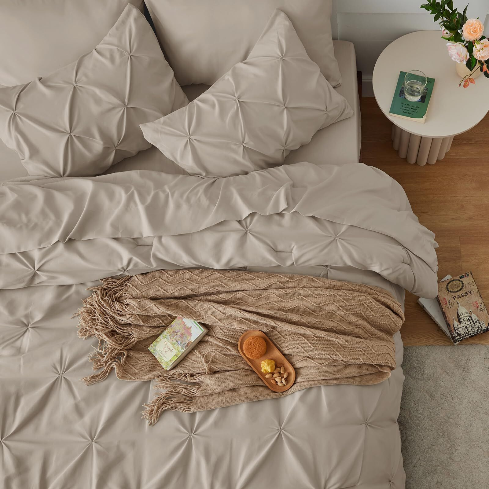 Cozylux King Size Comforter Set - 7 Pieces Bed In A Bag Oatmeal King, Pintuck Comforters Pinch Pleat Bedding Sets With All Season Comforter, Flat Sheet, Fitted Sheet And Pillowcases & Shams