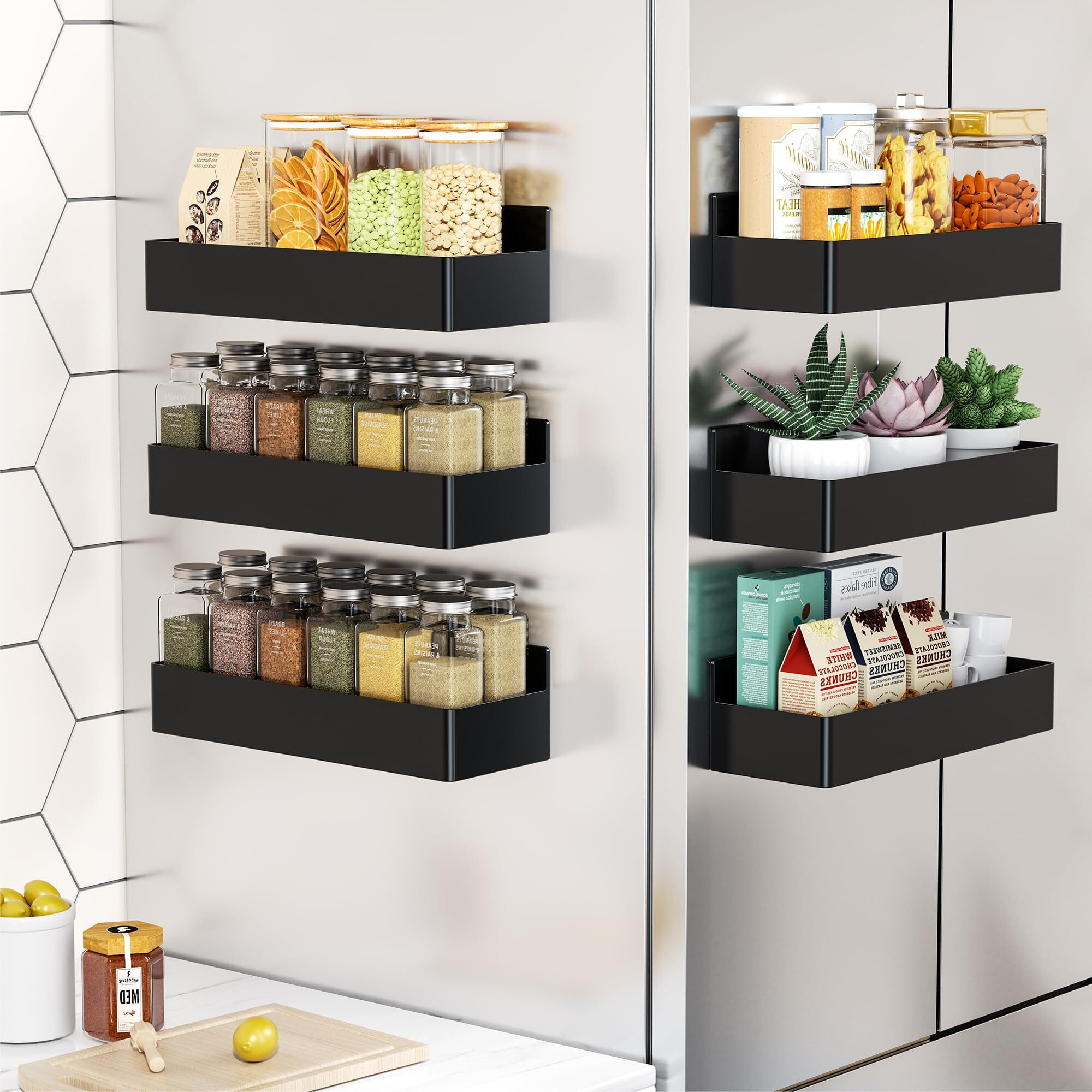 Mystozer Magnetic Spice Rack For Refrigerator, Kitchen Organizer And Storage Shelf, Black (6 Pack)