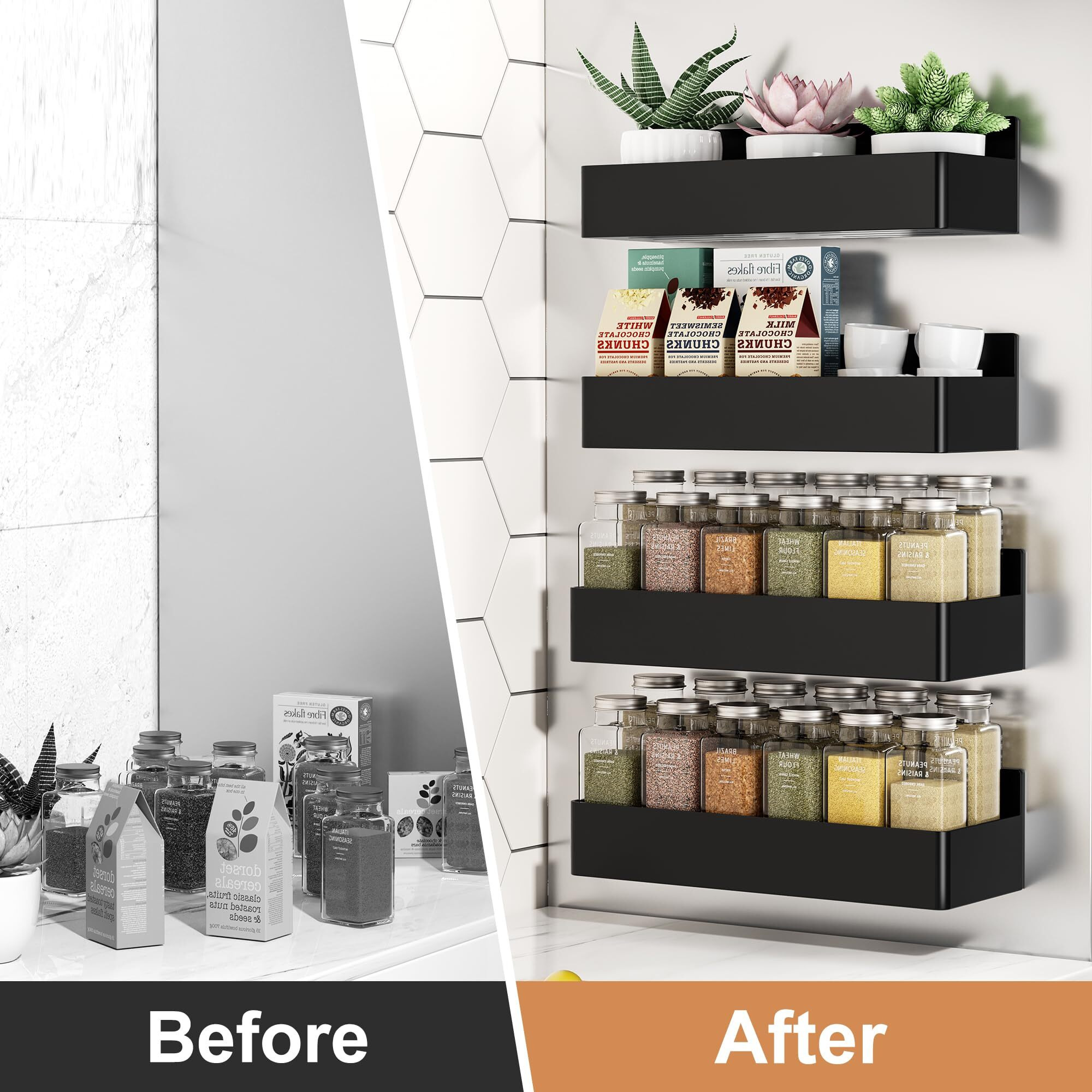Mystozer Magnetic Spice Rack For Refrigerator, Kitchen Organizer And Storage Shelf, Black (6 Pack)