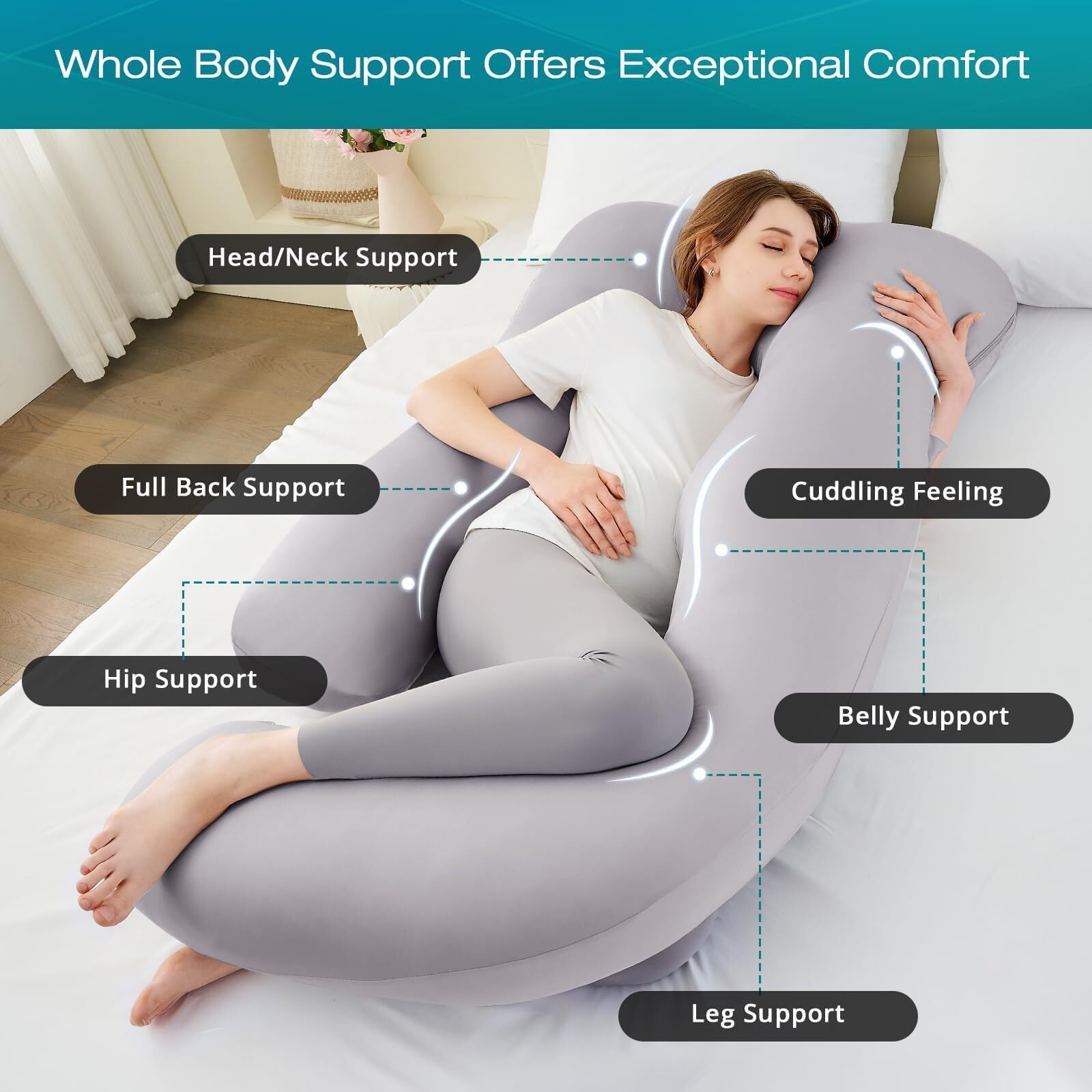 Sasttie Pregnancy Pillows For Sleeping, U Shaped Cooling Full Body Pillow Pregnancy Must Haves, Maternity Pillow For Pregnant Women, Pillow With Removable Cover For Side Sleeper, Light Grey