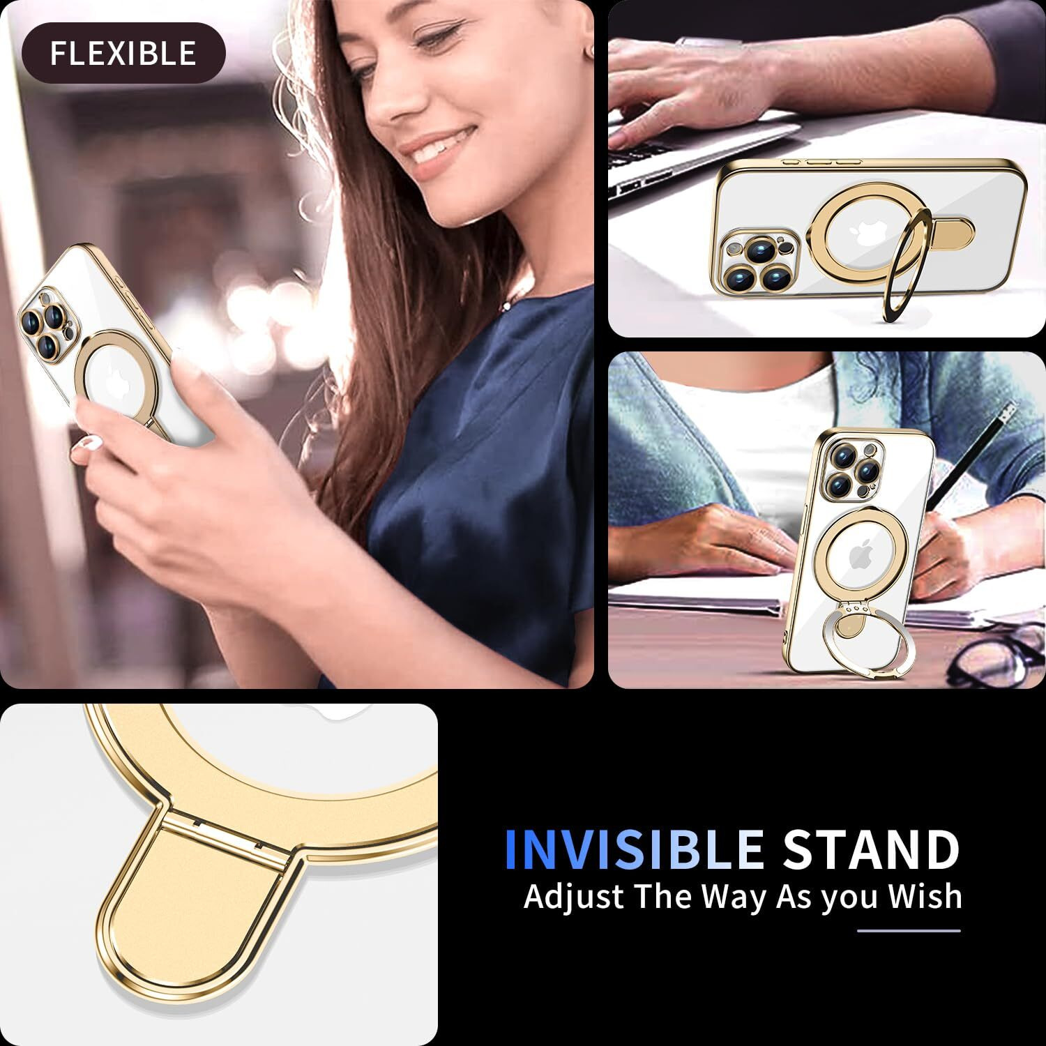 Pmteyoim Magnetic For Iphone 15 Pro Case With Invisible Stand[Compatible With Magsafe][Full Camera Lens Protector][Military Drop Protection] Shockproof Not Yellowing Clear Soft Slim For Women Men