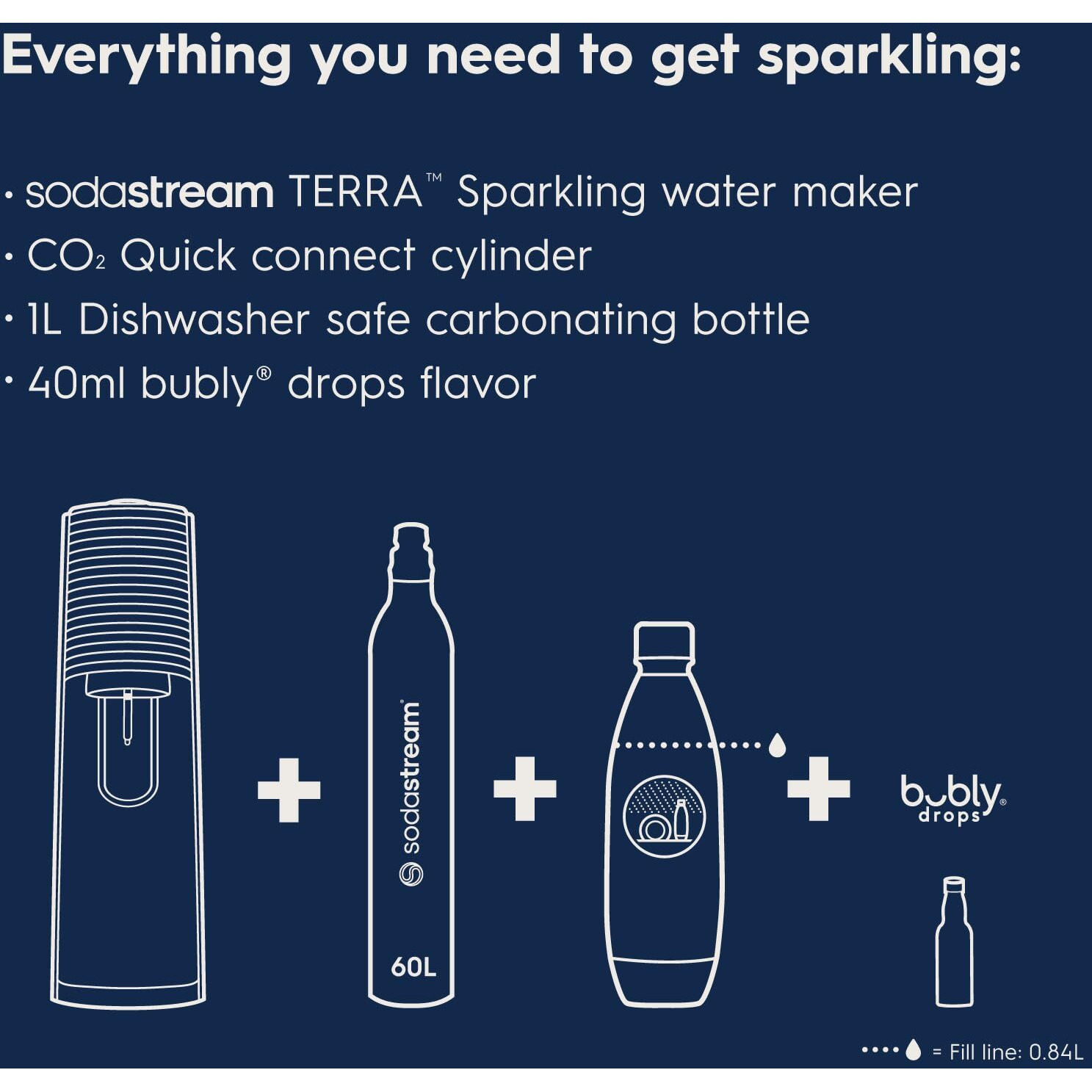 Sodastream Terra Sparkling Water Maker (Black) With Co2, Dishwasher Safe Bottle And Bubly Drop