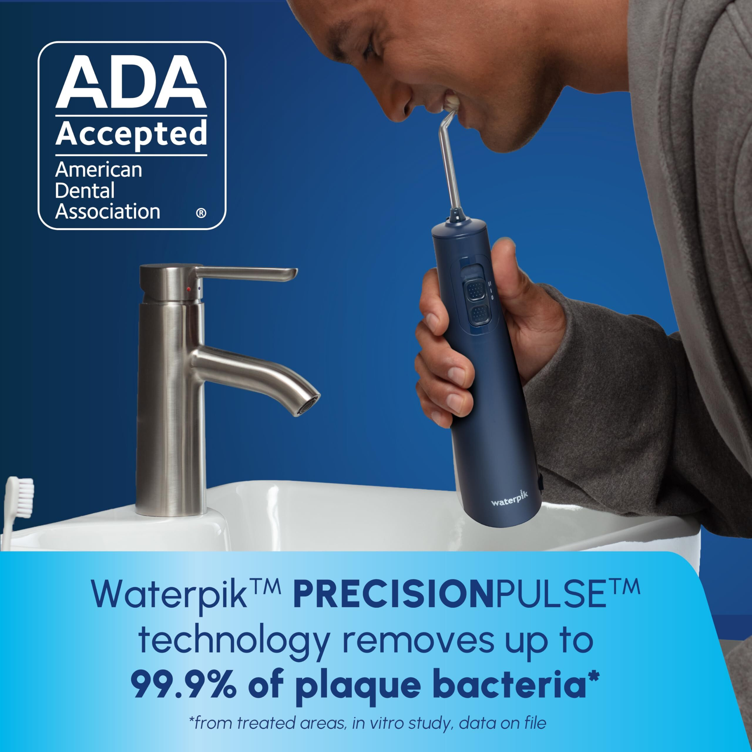 Waterpik Cordless Pulse Rechargeable Portable Water Flosser For Teeth, Gums, Braces Care And Travel With 2 Flossing Tips, Waterproof, Ada Accepted, Wf-20 Blue, Packaging May Vary