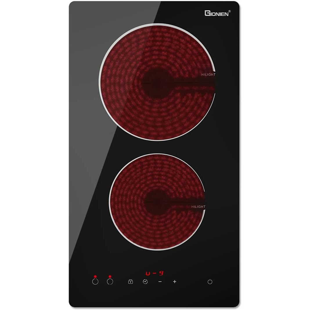 Gionien Electric Cooktop 2 Burners 220V~240V, Built-In 12 Inch Ceramic Cooktop, Double Glass Cooktop, Apartment Size Electric Radiant Cooktop With Hard Wire,3000W,No Plug