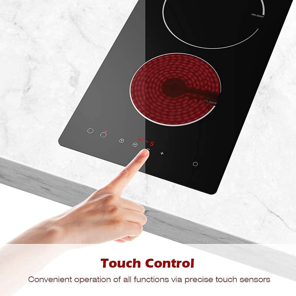 Gionien Electric Cooktop 2 Burners 220V~240V, Built-In 12 Inch Ceramic Cooktop, Double Glass Cooktop, Apartment Size Electric Radiant Cooktop With Hard Wire,3000W,No Plug