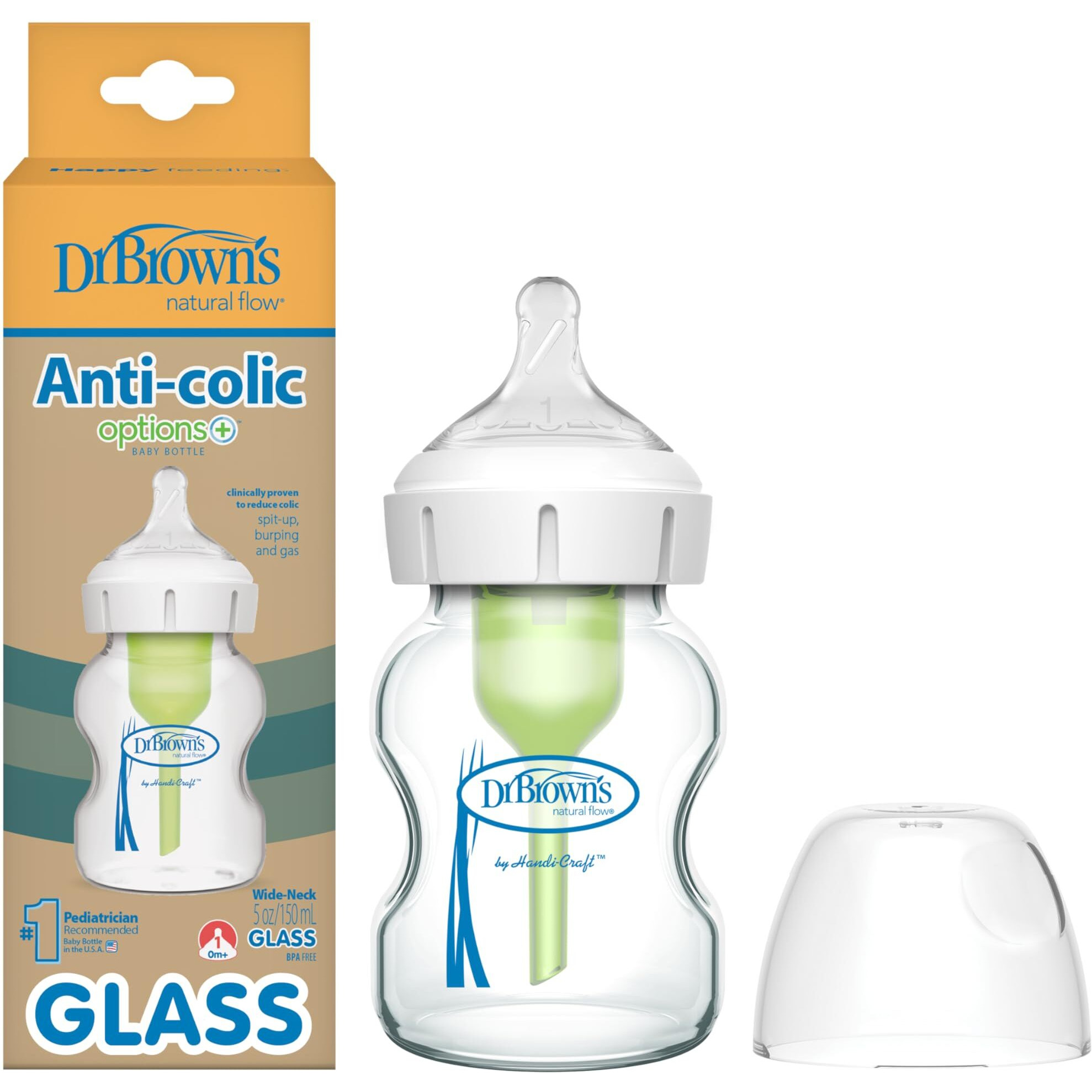 Dr. Brown's Natural Flow Anti-Colic Options+ Wide-Neck Glass Baby Bottle 5 Oz/150 Ml, With Level 1 Slow Flow Nipple, 1 Pack, 0M+