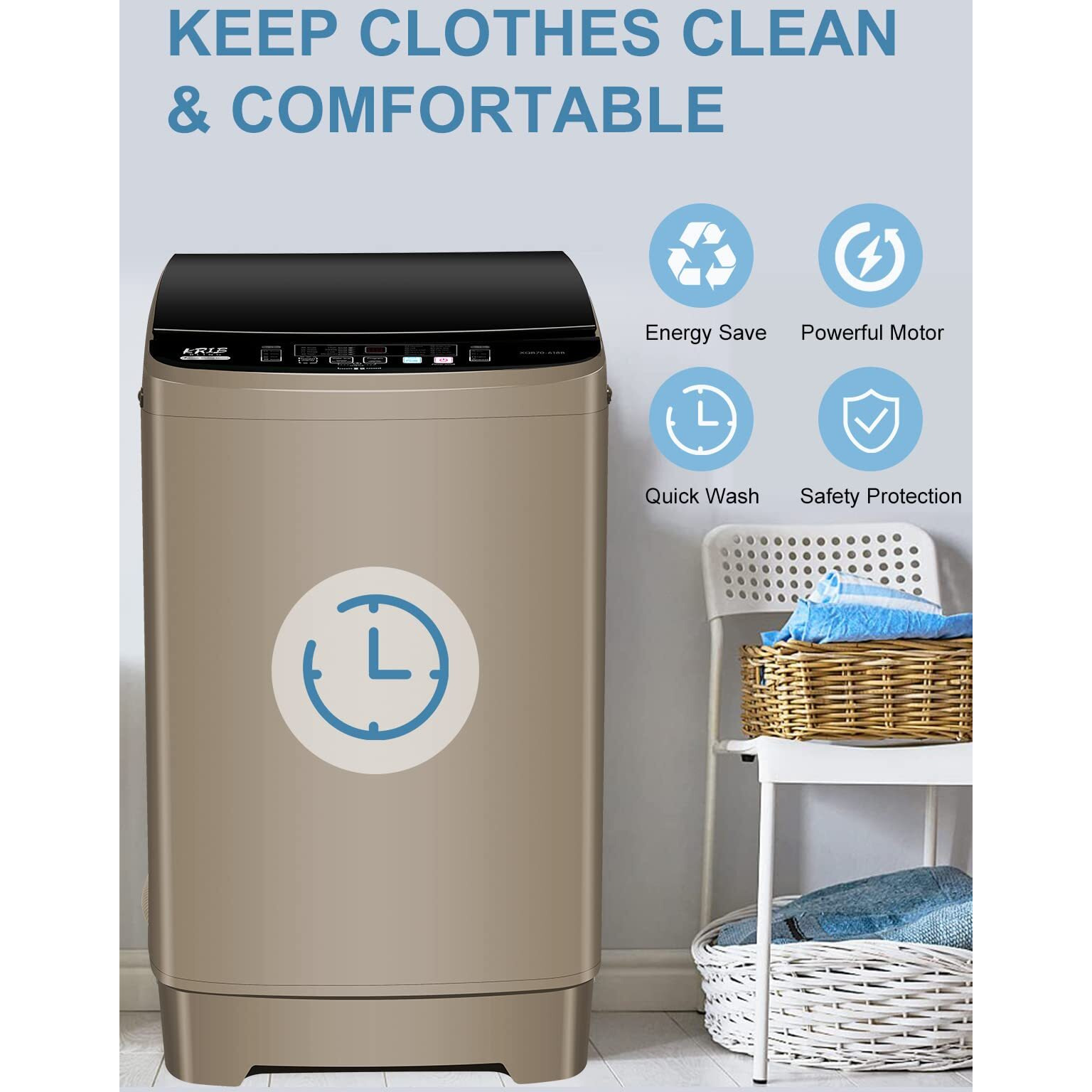 Krib Bling Full-Automatic Washing Machine 17.7 Lbs Small Compact Portable 10 Wash Program & 8 Water Level Compact Washer With Led Display Ideal For Apartments, Rv, Camping, Gold (Kb03-Gold6)