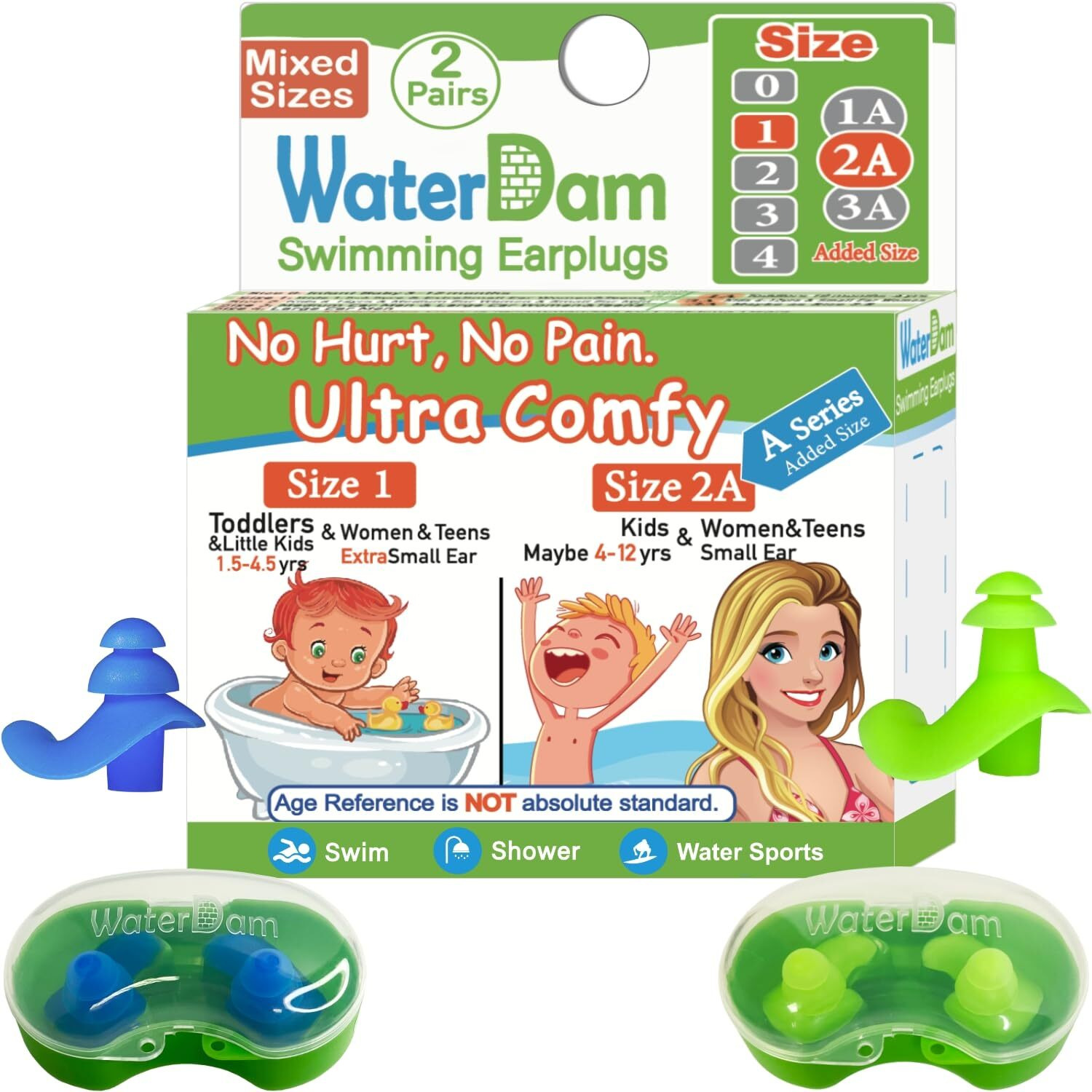 Waterdam A-Series Swimming Ear Plugs Ultra Comfy Great Waterproof Earplugs (Mixed Sizes, Size 1+2A Small Ear Women Teens Kids (Blue Green))