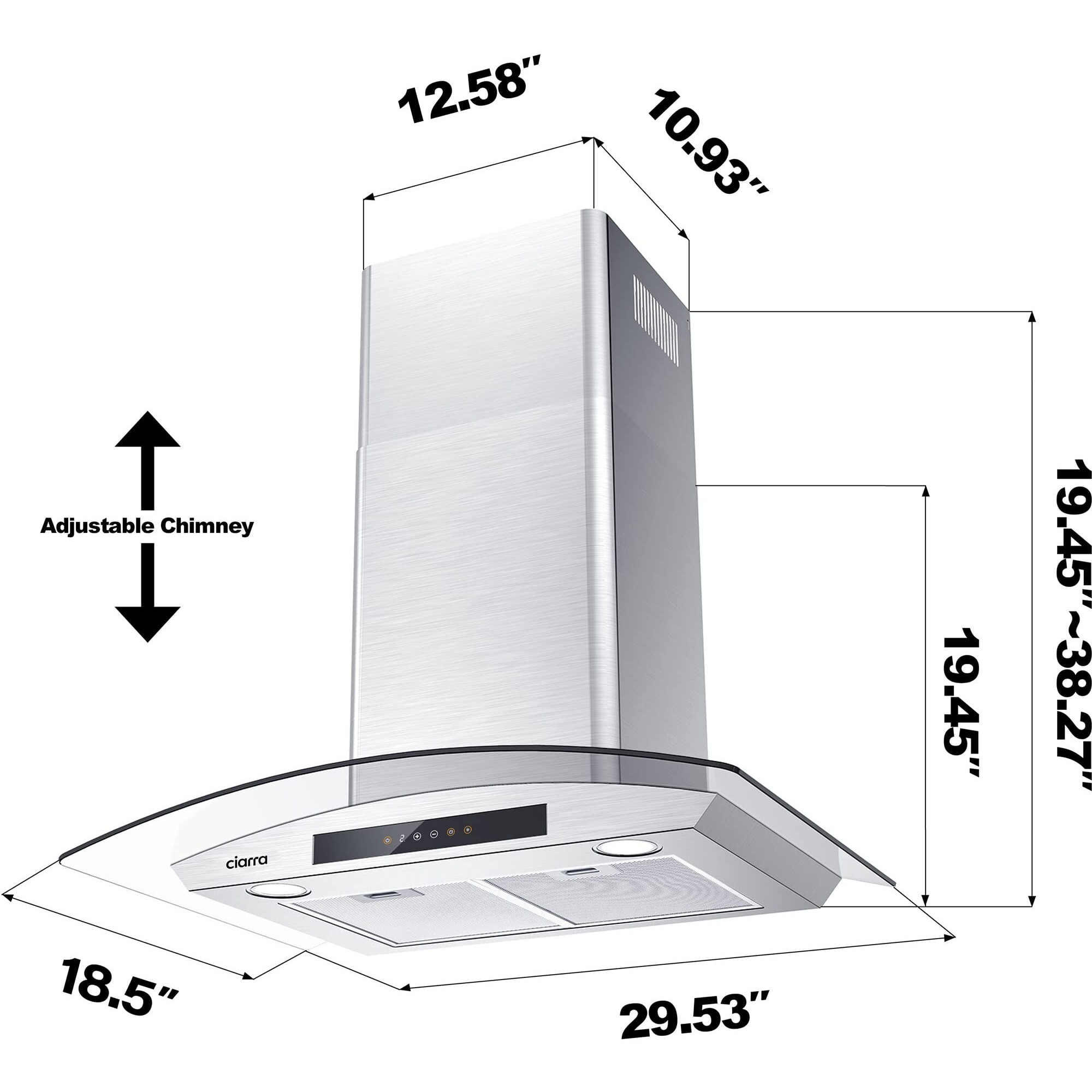 Wall Mount Range Hood 30 Inch With Soft Touch Control In Stainless Steel & Tempered Glass, Stove Vent Hood For Kitchen With 3 Speed Fan, Permanent Filters, Ductless Convertible Duct, Ciarra Cas75502