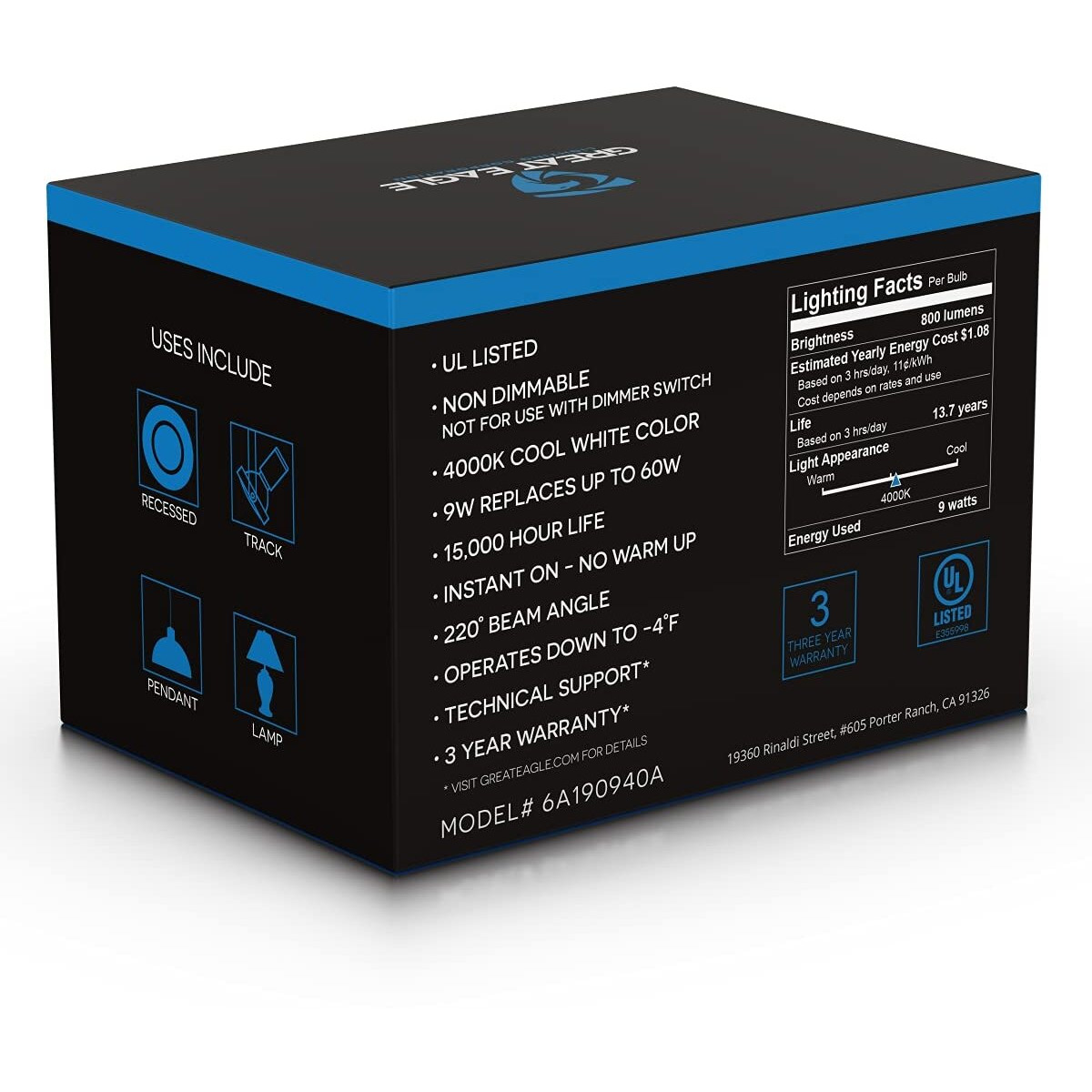 Great Eagle A19 Led Light Bulbs 60 Watt Equivalent- Ul Listed - 4000K Led Light Bulb - Non Dimmable Cool White Light Bulbs (6 Pack)