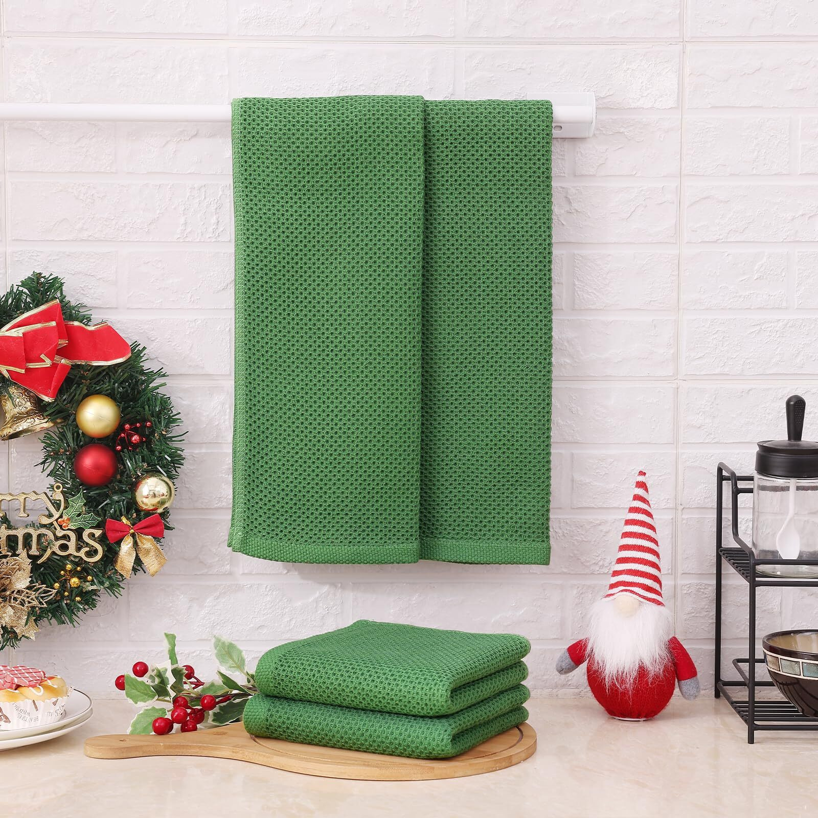 Kitinjoy 100% Cotton Waffle Weave Kitchen Towels, 8-Pack Super Soft And Absorbent Kitchen Dish Towels For Drying Dishes, Kitchen Hand Towels, 13 In X 28 In, Grass Green