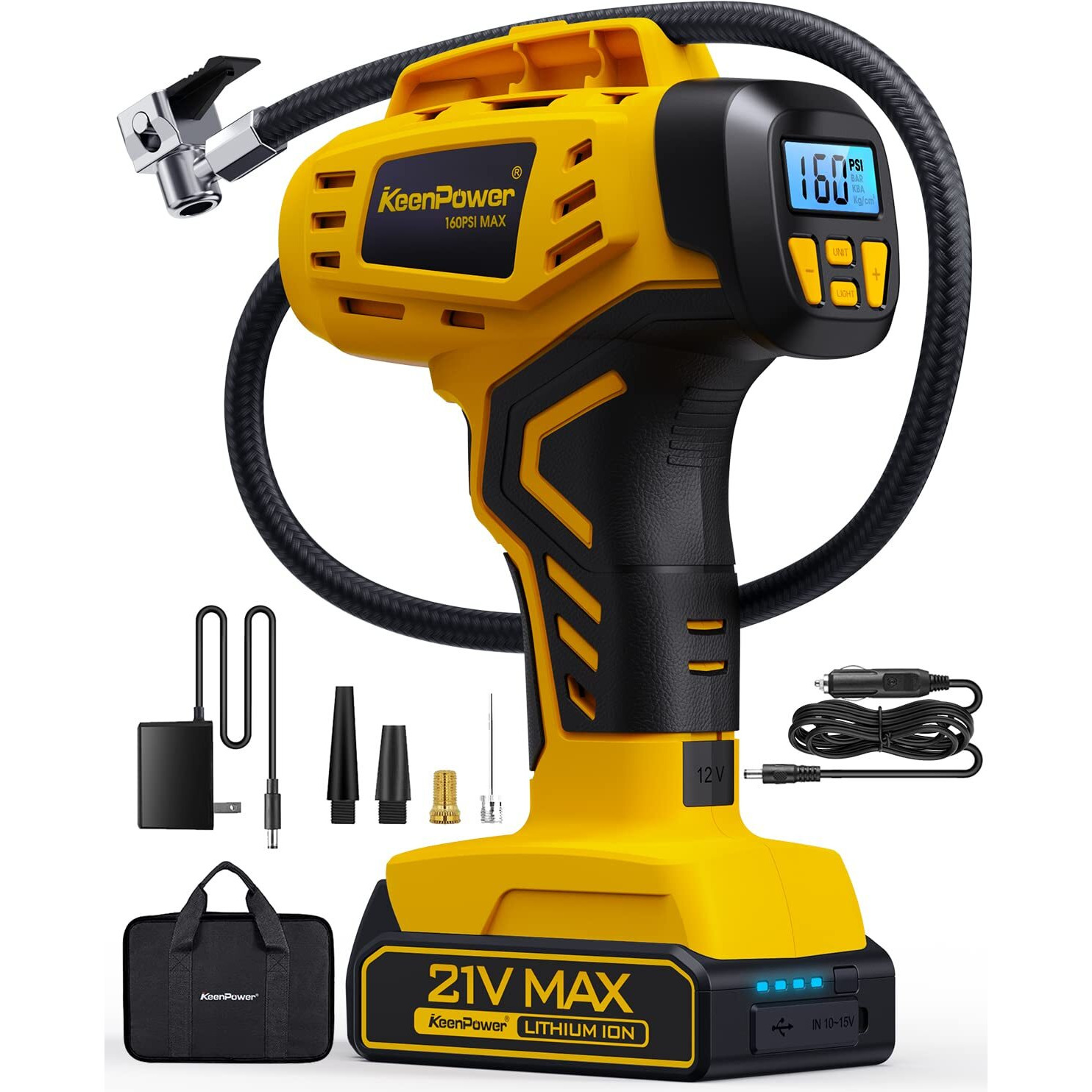 Keenpower Tire Inflator Portable Air Compressor - 2X Faster - 21V Rechargeable Battery Powered Handheld 160Psi Tire Inflator, Dual Power Supply Modes, Air Pump For Car Motorcycle E-Bike