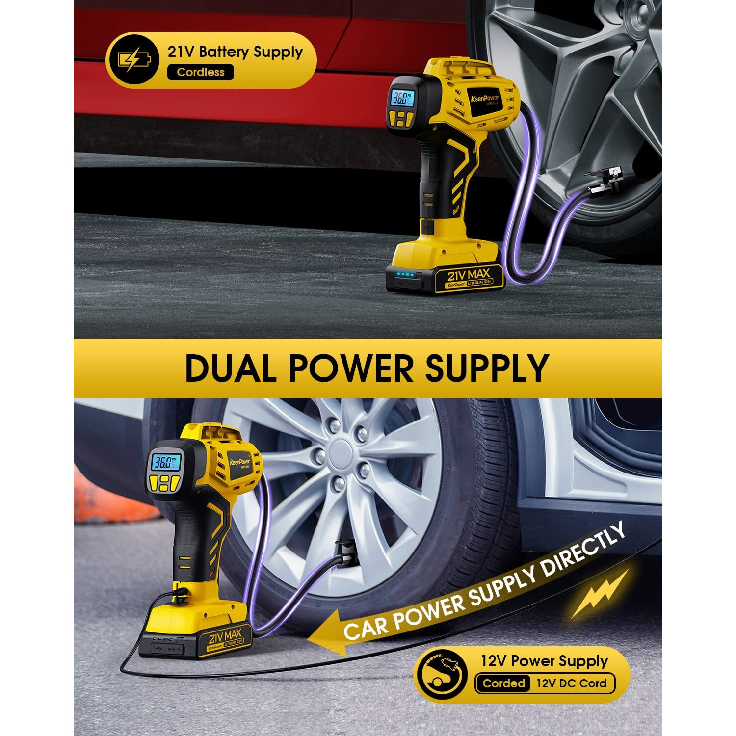 Keenpower Tire Inflator Portable Air Compressor - 2X Faster - 21V Rechargeable Battery Powered Handheld 160Psi Tire Inflator, Dual Power Supply Modes, Air Pump For Car Motorcycle E-Bike