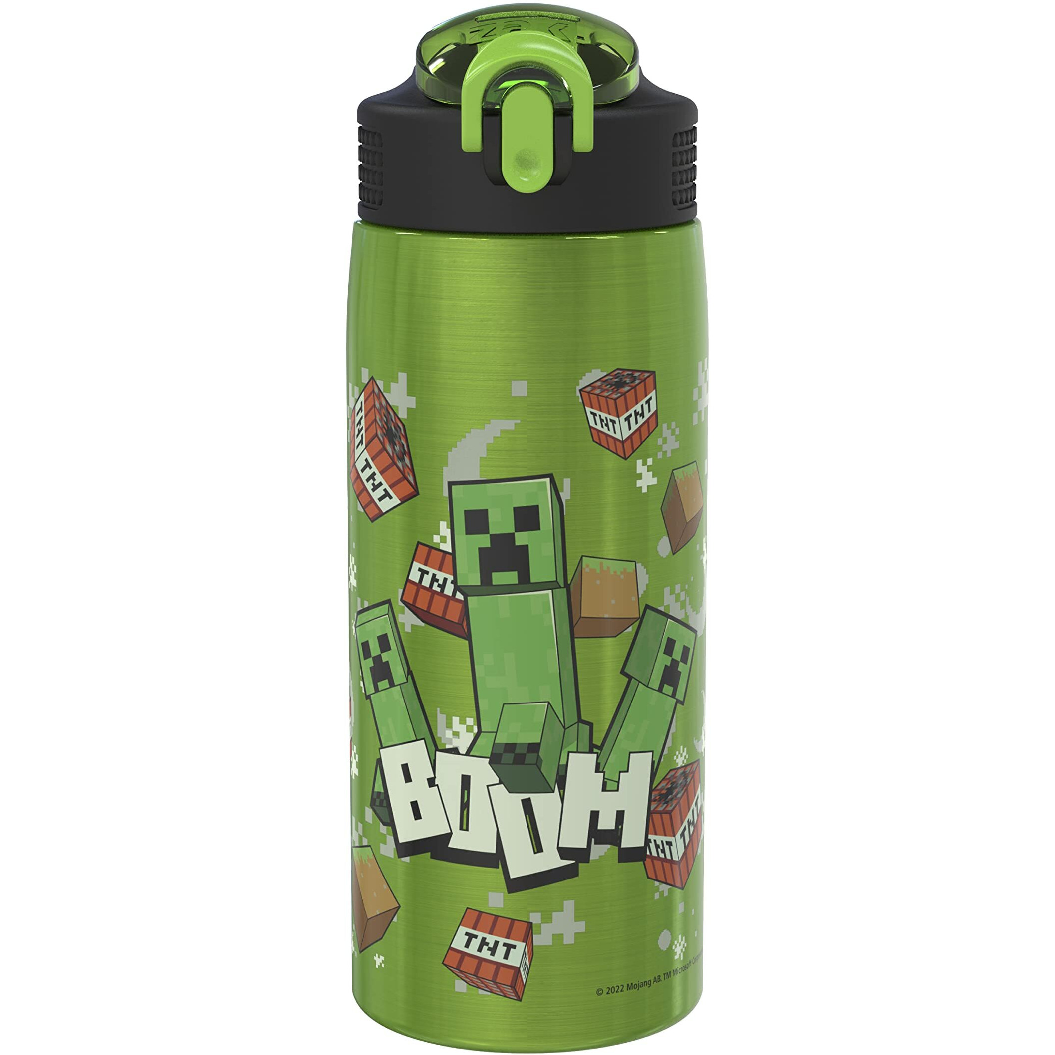 Zak Designs Minecraft Water Bottle For Travel And At Home, 19 Oz Vacuum Insulated Stainless Steel With Locking Spout Cover, Built-In Carrying Loop, Leak-Proof Design (Creeper)