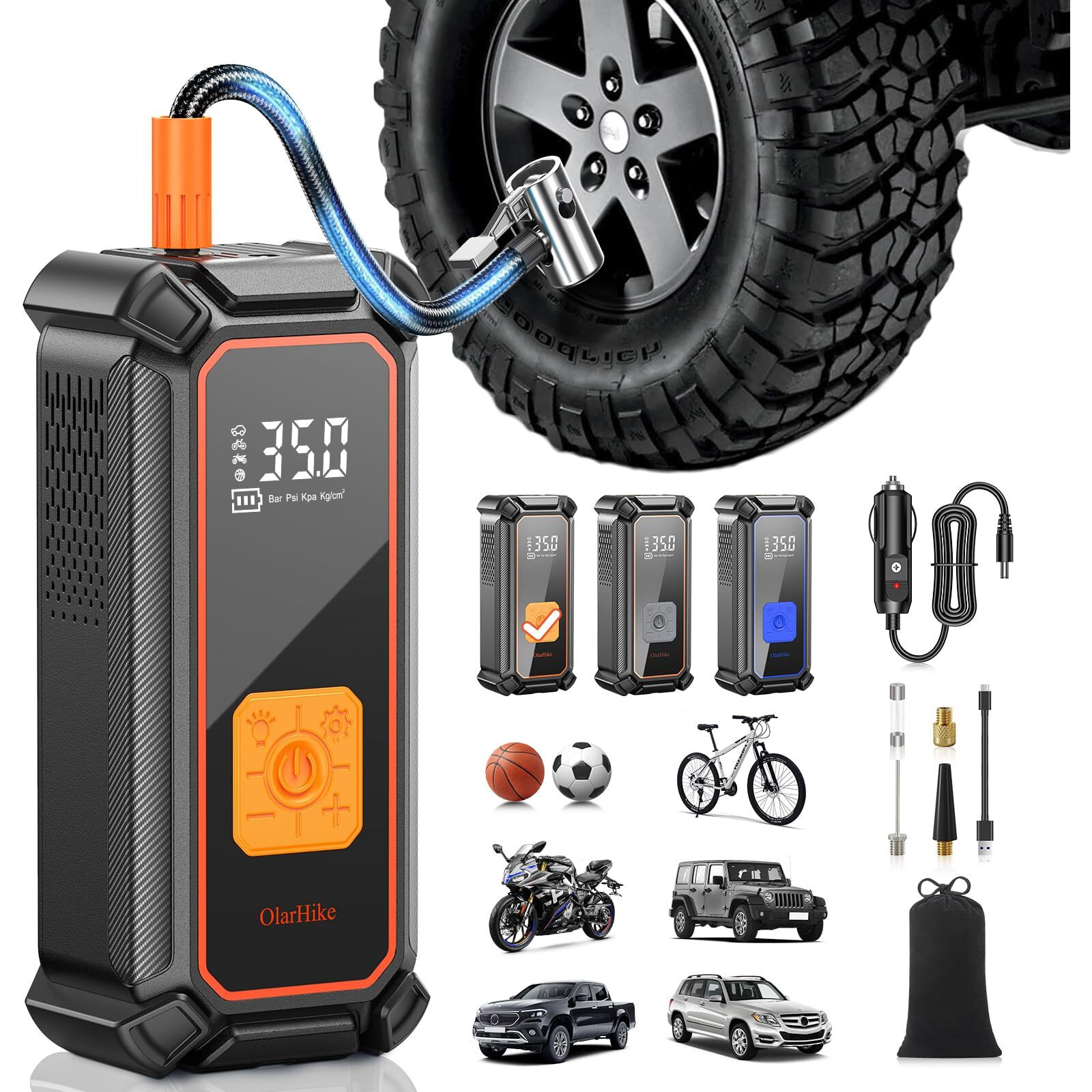 Olarhike Cordless Tire Inflator Portable Air Compressor-Dual Mode Inflation,12V Auto Air Pump For Car Tires, Bicycle, Bike, Motorcycle, Smart Electric Pump With Led Light & Digital Pressure Gauge