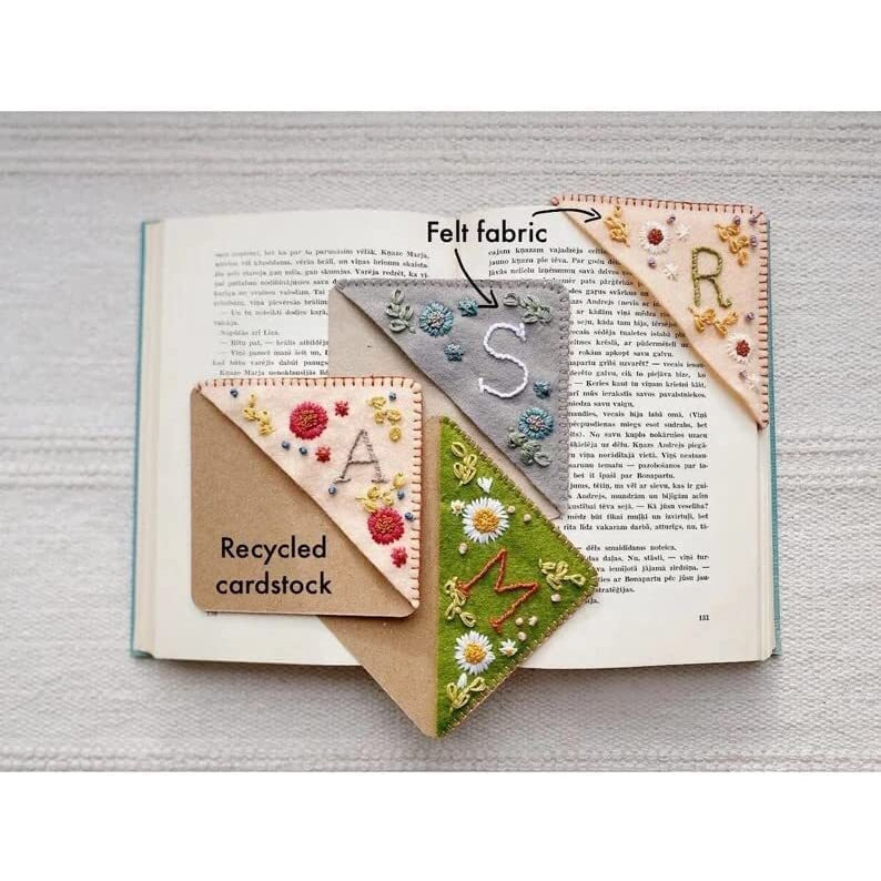 Moteerllu Personalized Hand Embroidered Corner Bookmark,Felt Triangle Page Stitched Handmade Bookmark,Unique Cute Flower Letter Embroidery Bookmarks Accessories For Book Lovers