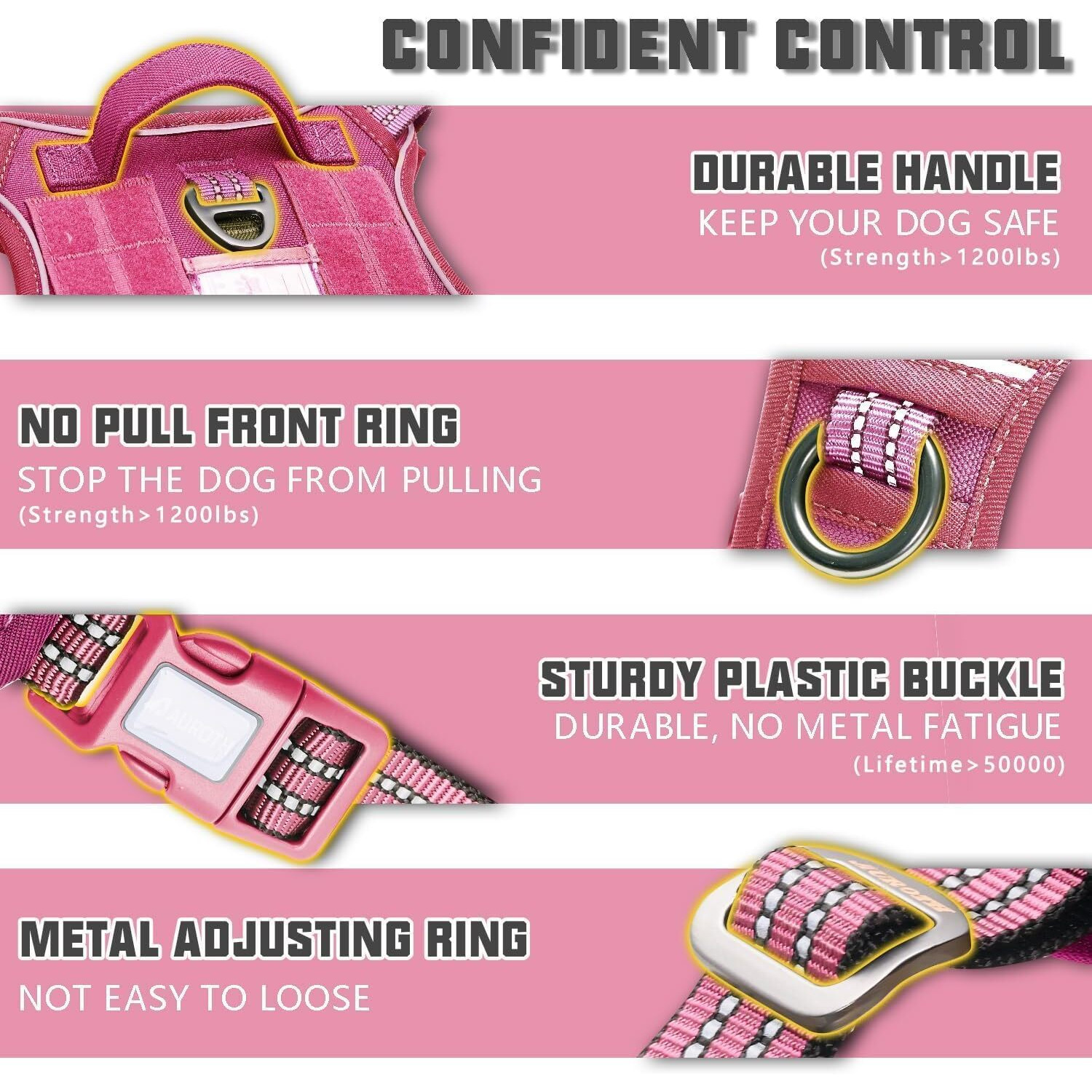 Auroth Tactical Dog Harness For Large Dogs No Pull Adjustable Pet Harness Reflective K9 Working Training Easy Control Pet Vest Military Service Dog Harnesses Rose Red L