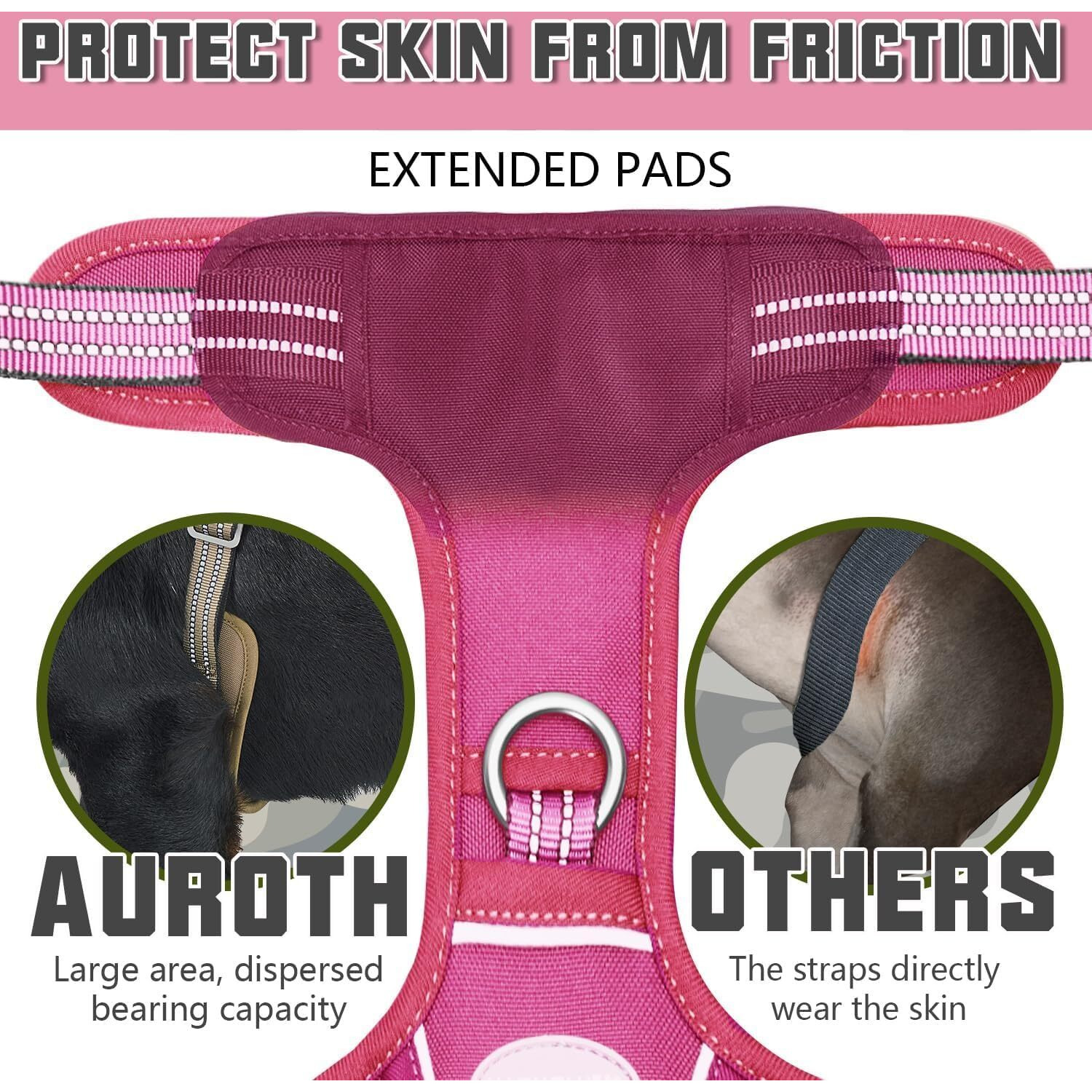 Auroth Tactical Dog Harness For Large Dogs No Pull Adjustable Pet Harness Reflective K9 Working Training Easy Control Pet Vest Military Service Dog Harnesses Rose Red L