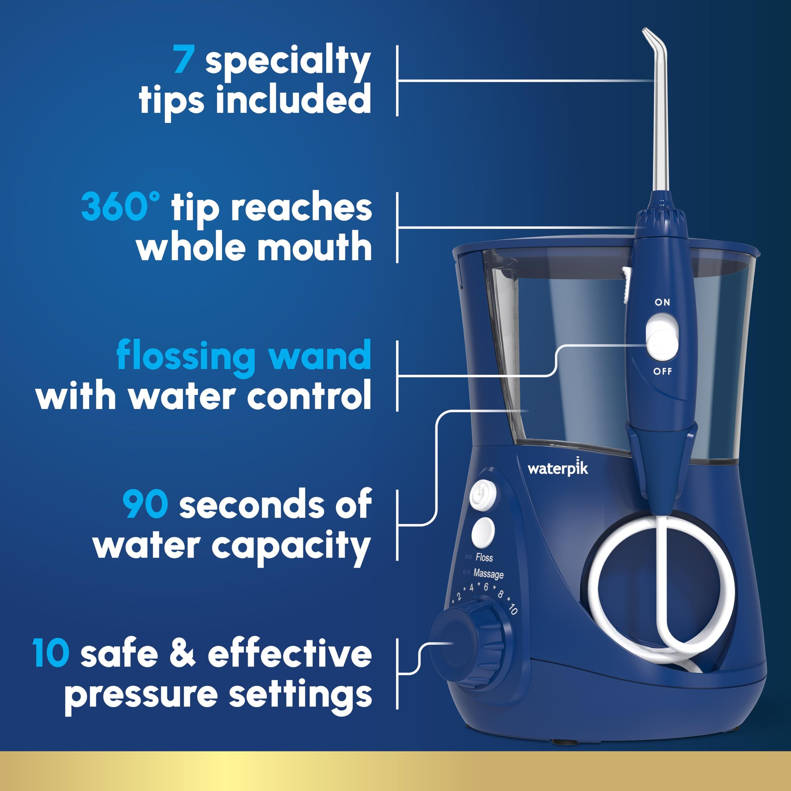 Waterpik Aquarius Water Flosser Professional For Teeth, Gums, Braces, Dental Care, Electric Power With 10 Settings, 7 Tips For Multiple Users And Needs, Ada Accepted, Blue Wp-663, Packaging May Vary