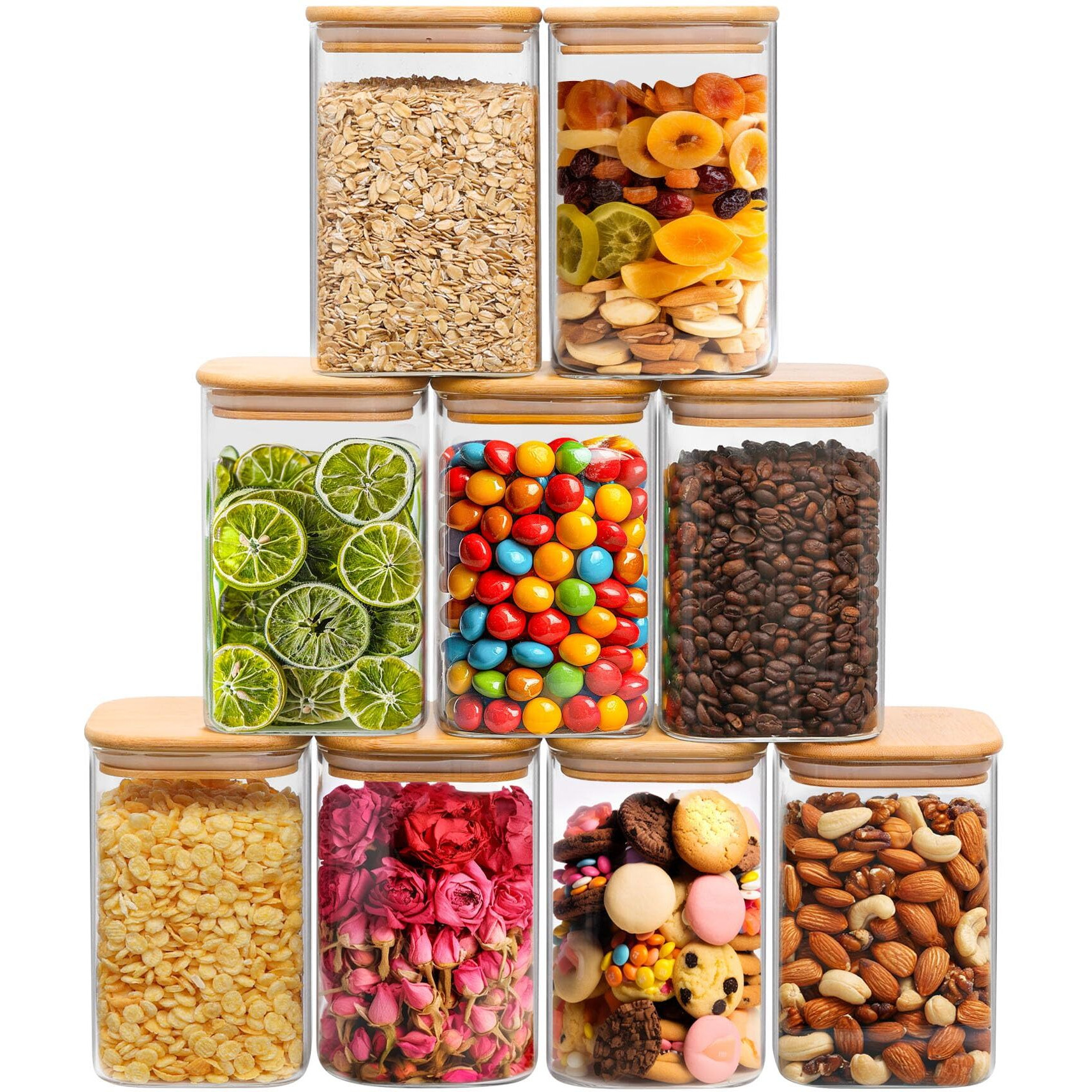Comsaf 37Oz Glass Storage Containers With Lids, Glass Jars With Lids, Clear Food Storage Jar, Square Glass Canister Set Of 9, Pantry Organizers And Storage For Cookie Flour Oat Pasta Tea Coffee Bean