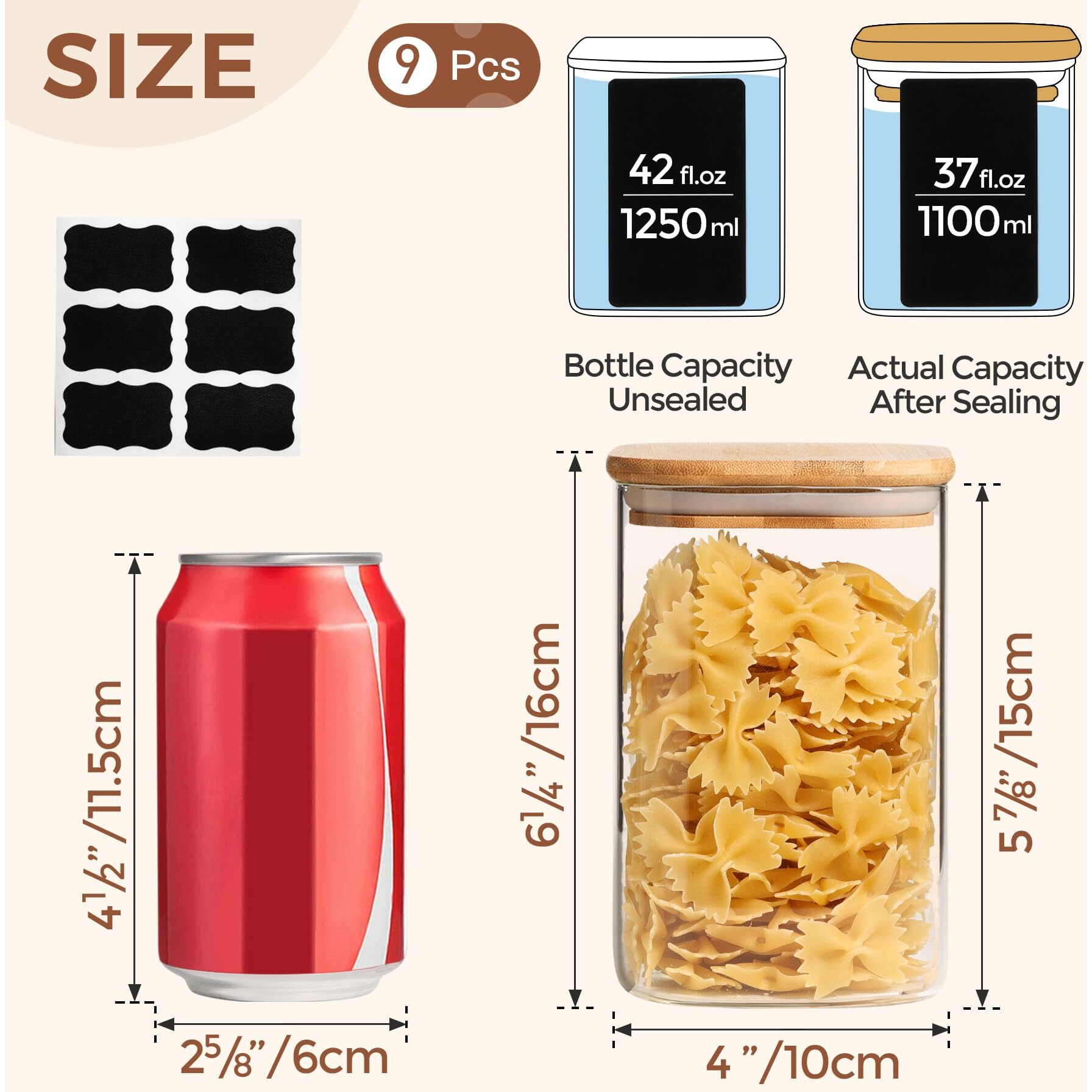 Comsaf 37Oz Glass Storage Containers With Lids, Glass Jars With Lids, Clear Food Storage Jar, Square Glass Canister Set Of 9, Pantry Organizers And Storage For Cookie Flour Oat Pasta Tea Coffee Bean