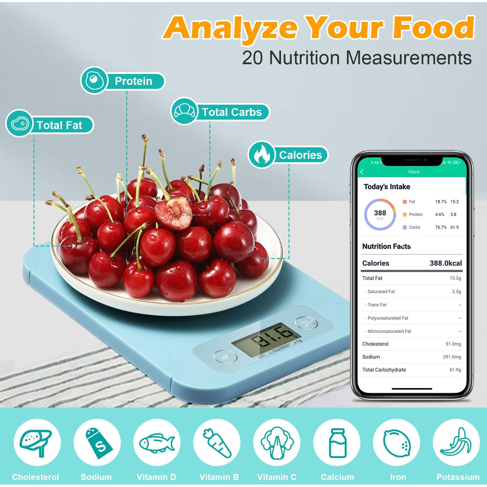 Digital Food Scale - Smart Food Scale With Nutrition Calculator App, Kitchen Scales For Food Grams And Ounces, Food Scale For Weight Loss, Baking, Cooking, Calorie Scales With 0.1Oz Accuracy (3G-5Kg)