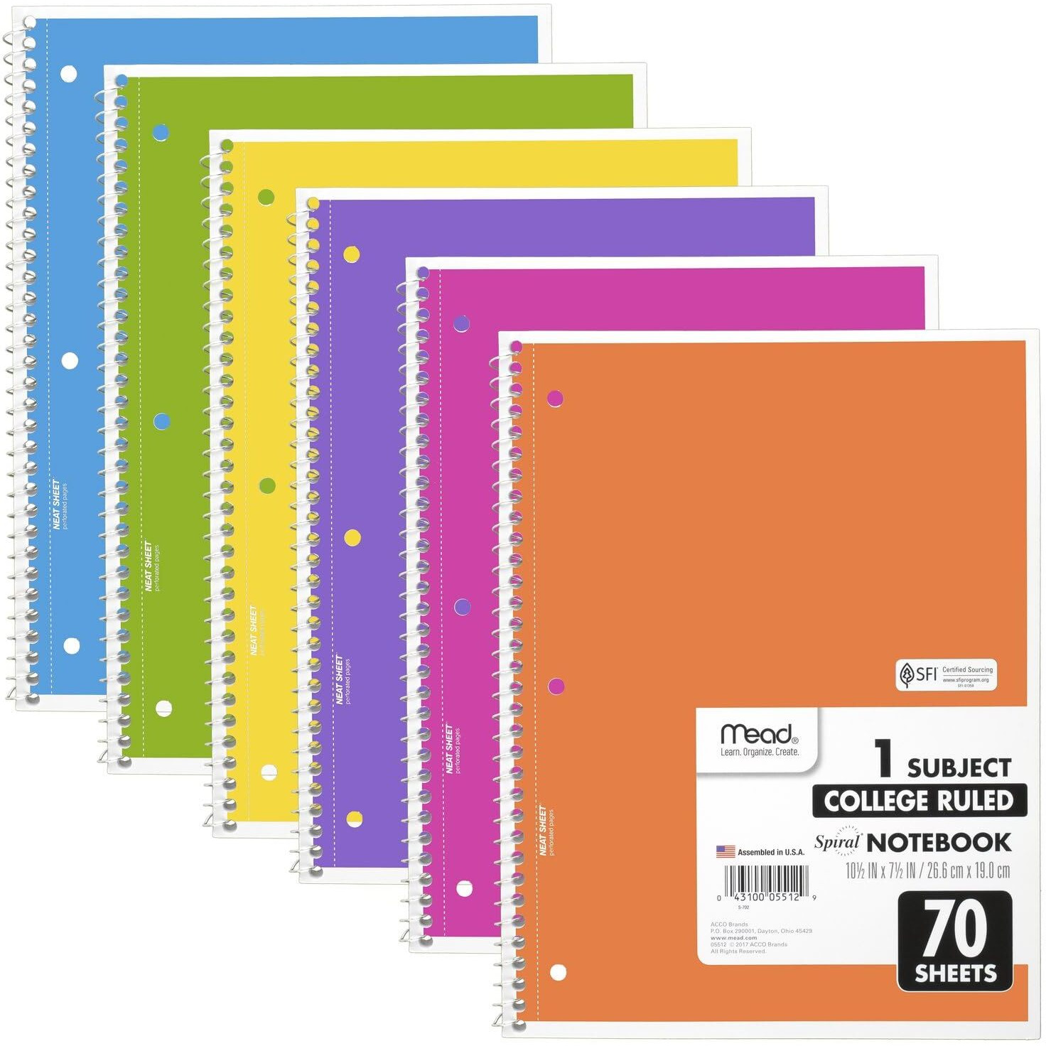 Mead Spiral Notebooks, 6 Pack, 1-Subject, College Ruled Paper, 8"" X 10-1/2"", 70 Sheets, Assorted Bright Colors (830050-Ecm)