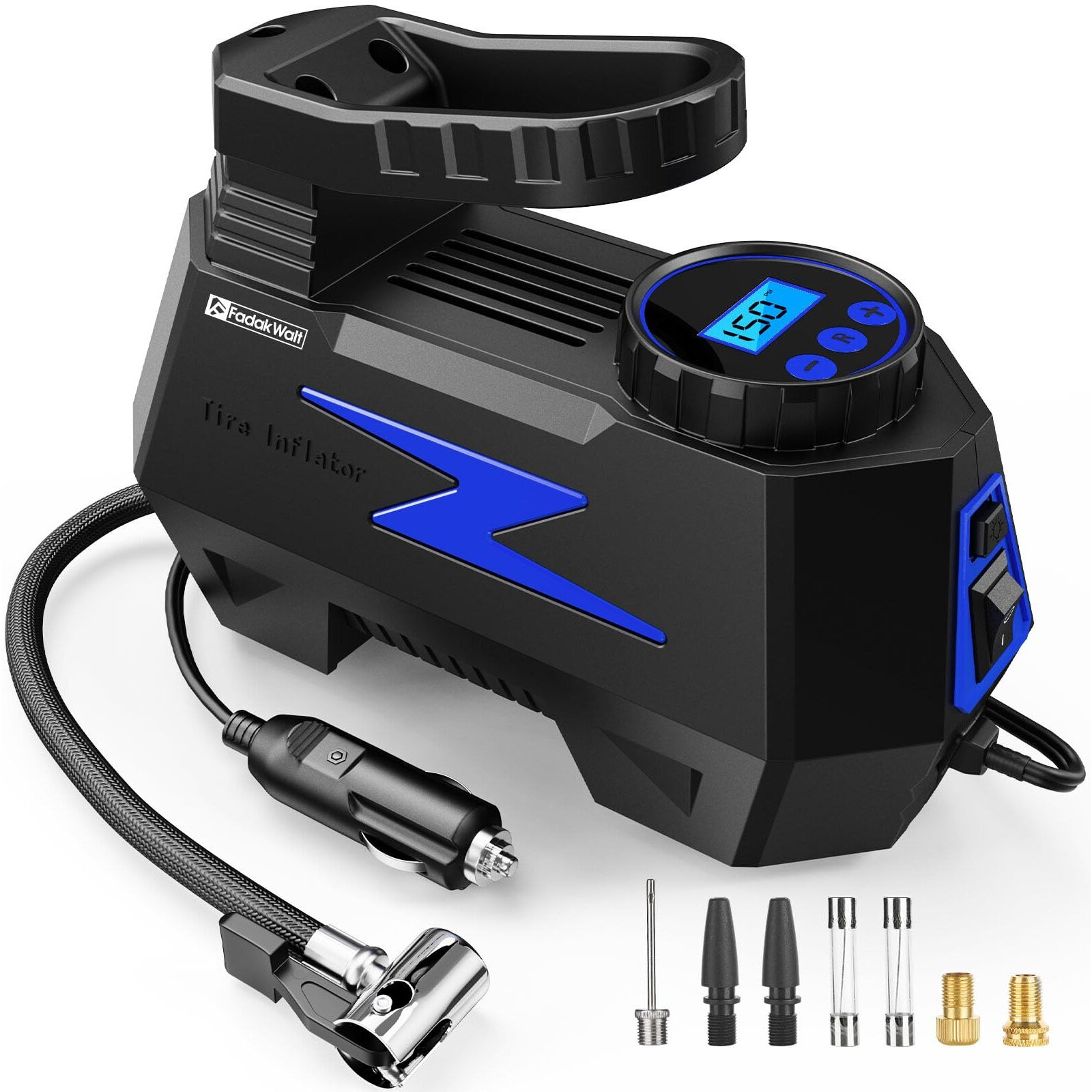 Fadakwalt Tire Inflator Portable Air Compressor, Dc 12V Tire Air Pump With Led And 150Psi Digital Pressure Gauge, Portable Tire Inflator For Car Tires, Motorcycles, Bike, Ball (Blue)