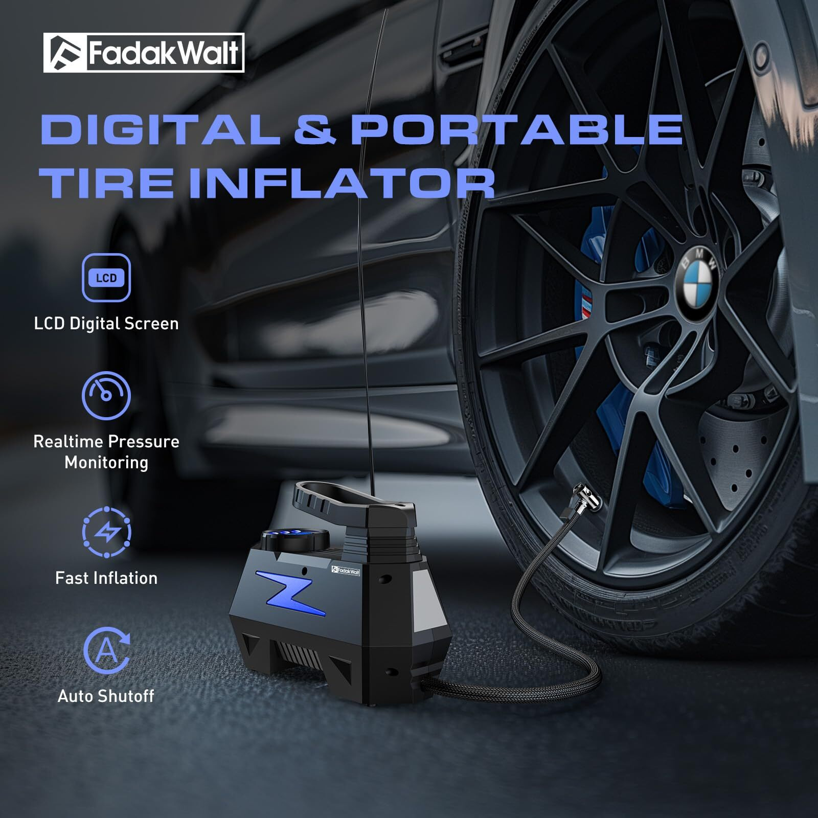 Fadakwalt Tire Inflator Portable Air Compressor, Dc 12V Tire Air Pump With Led And 150Psi Digital Pressure Gauge, Portable Tire Inflator For Car Tires, Motorcycles, Bike, Ball (Blue)