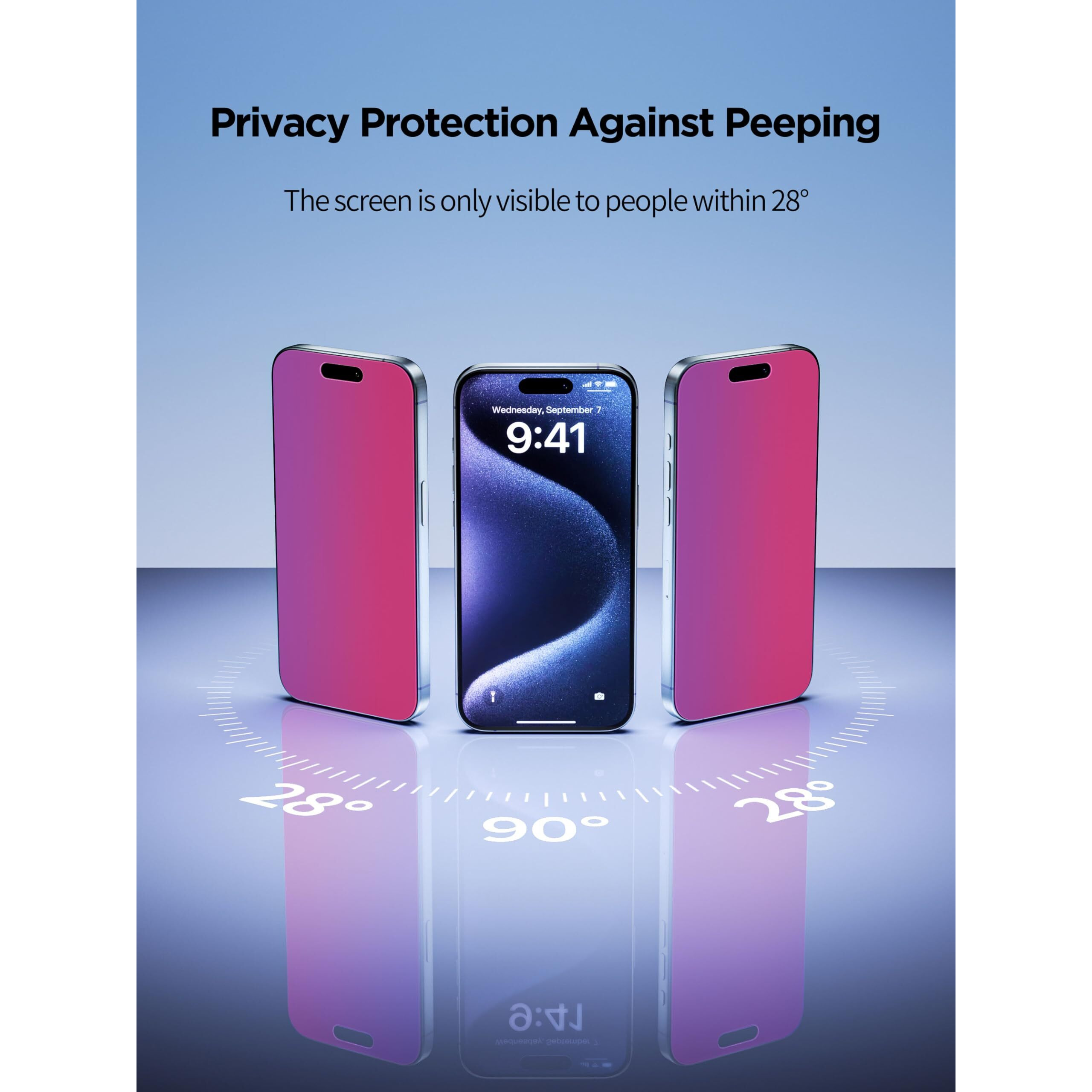 Pddkiss Compatible For Iphone 15 Pro Max Privacy Screen Protector Tempered Glass 6.7 Inch, Pink Gradient Anti Spy Anti Blue Light Hd Easy Installation