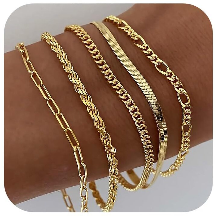 Dearmay Gold Bracelets For Women 14K Real Gold Plated Filled Jewelry Sets For Women Trendy Dainty Stackable Paperclip Rope Snake Box Figaro Chain Bracelets Pack Costume Fashion Gifts For Womens