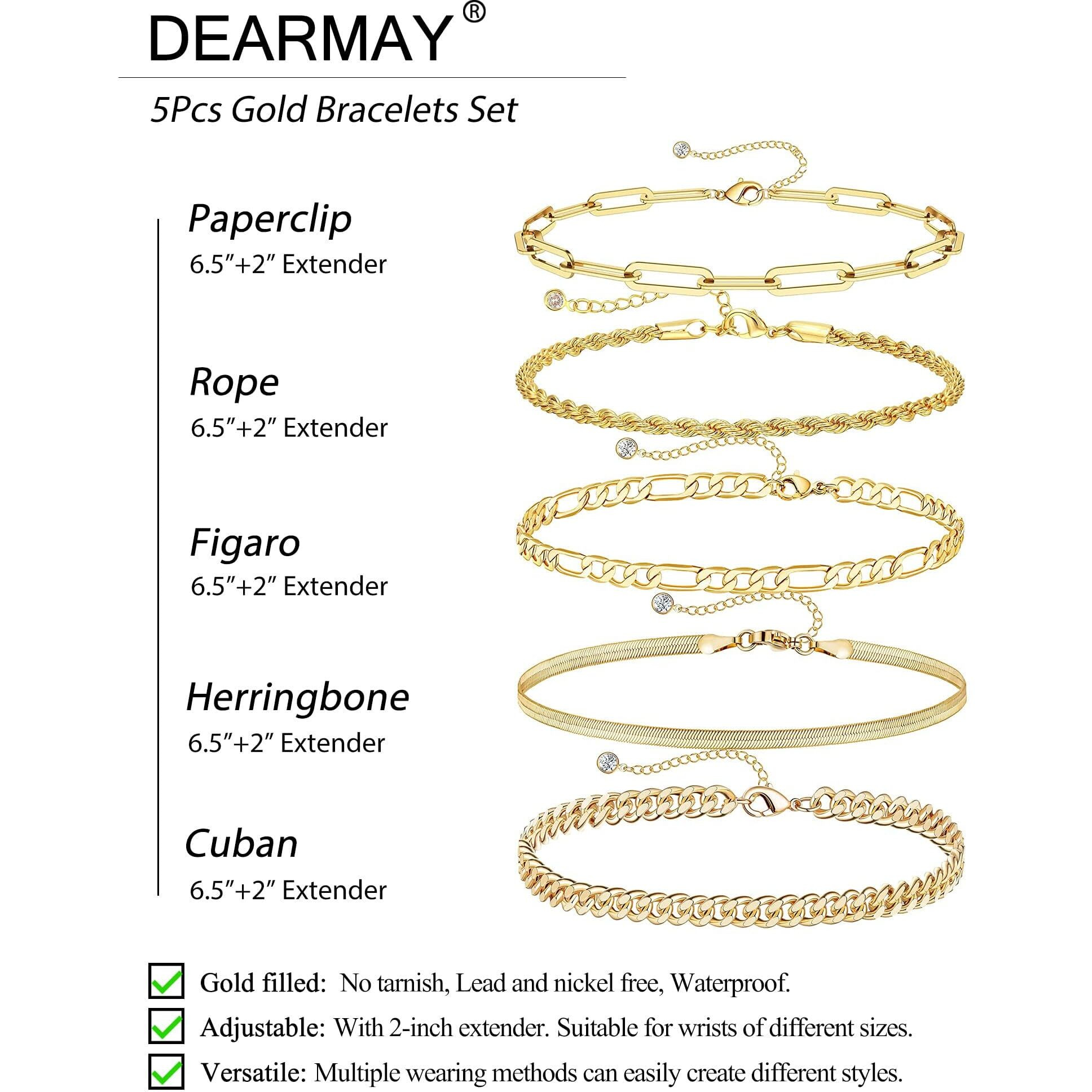 Dearmay Gold Bracelets For Women 14K Real Gold Plated Filled Jewelry Sets For Women Trendy Dainty Stackable Paperclip Rope Snake Box Figaro Chain Bracelets Pack Costume Fashion Gifts For Womens