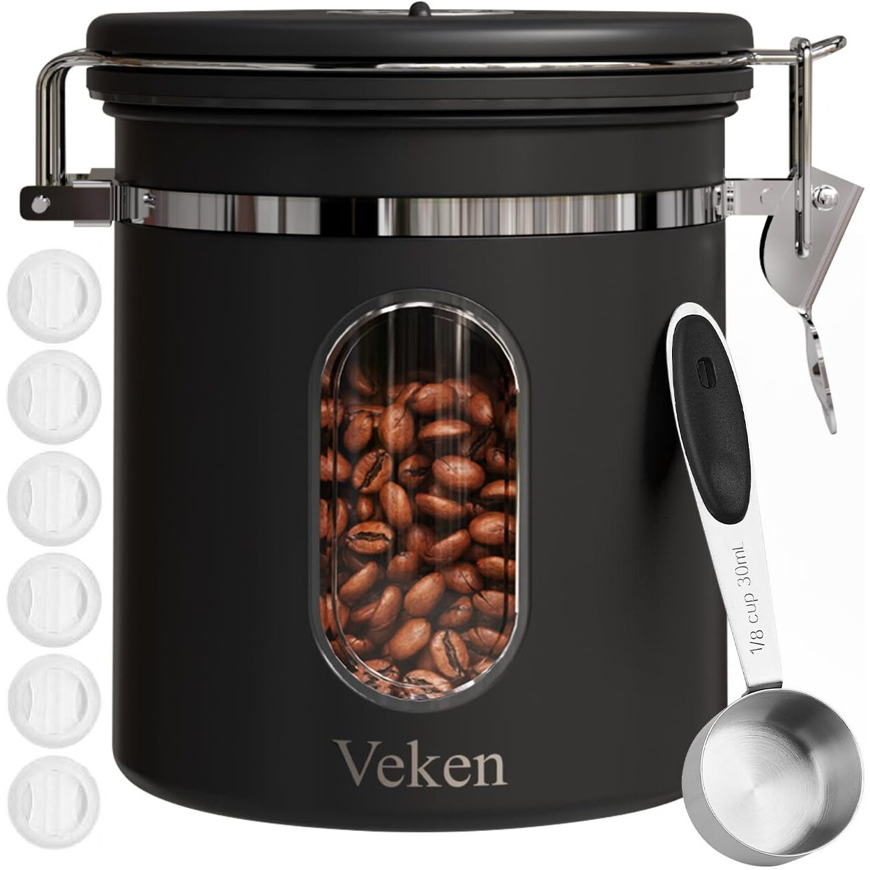 Veken Coffee Canister With Window, Airtight Stainless Steel Kitchen Food Storage Container With Lids, Date Tracker And Scoop For Grounds Coffee, Beans, Tea, Flour, Cereal, Sugar Jars, 16Oz, Black