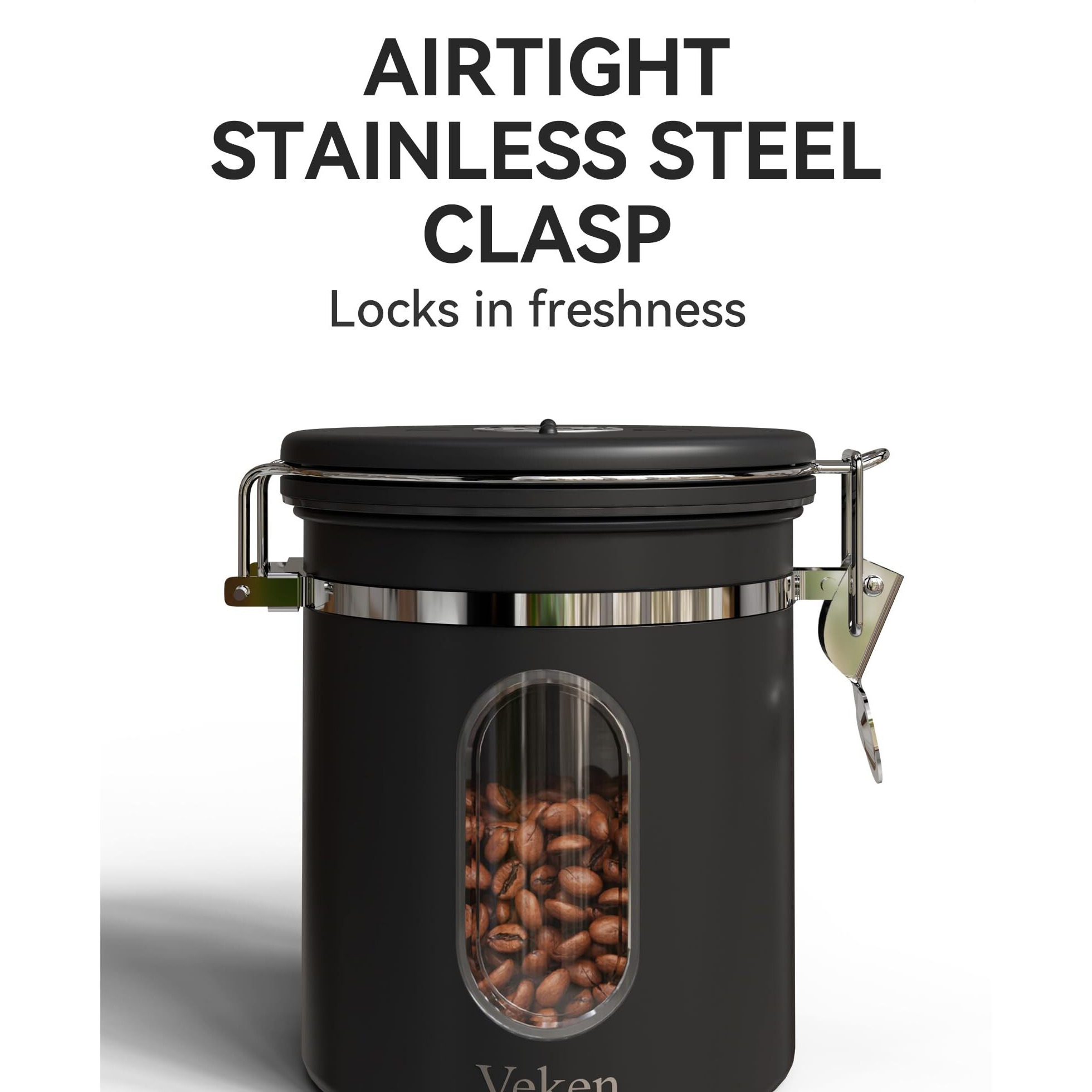 Veken Coffee Canister With Window, Airtight Stainless Steel Kitchen Food Storage Container With Lids, Date Tracker And Scoop For Grounds Coffee, Beans, Tea, Flour, Cereal, Sugar Jars, 16Oz, Black