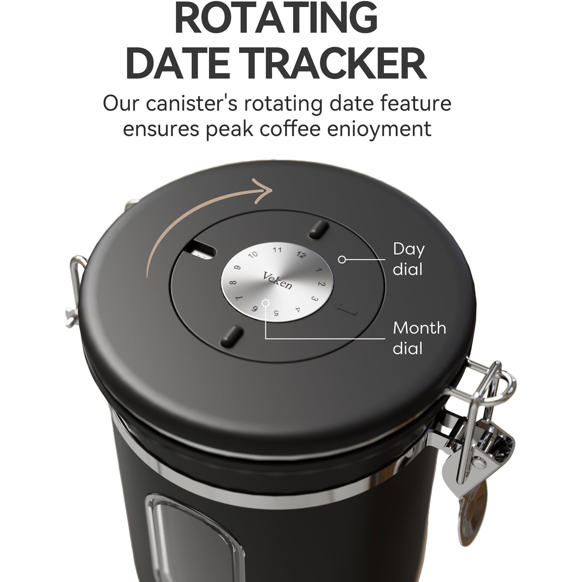 Veken Coffee Canister With Window, Airtight Stainless Steel Kitchen Food Storage Container With Lids, Date Tracker And Scoop For Grounds Coffee, Beans, Tea, Flour, Cereal, Sugar Jars, 16Oz, Black