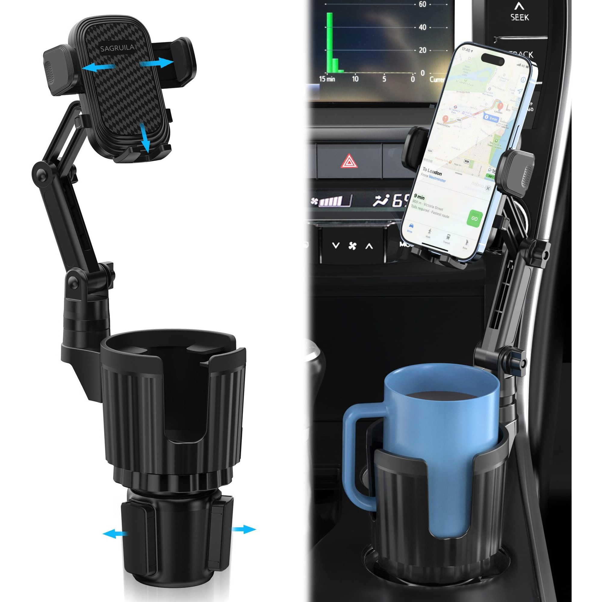Cup Holder Phone Mount For Car, Car Cup Holder Phone Holder With Expandable Base, 2 In 1 Cup Phone Holder Adapter For Car, 360 Degree Rotating Neck, Fits All 4-7    Smartphones And Most Bottles