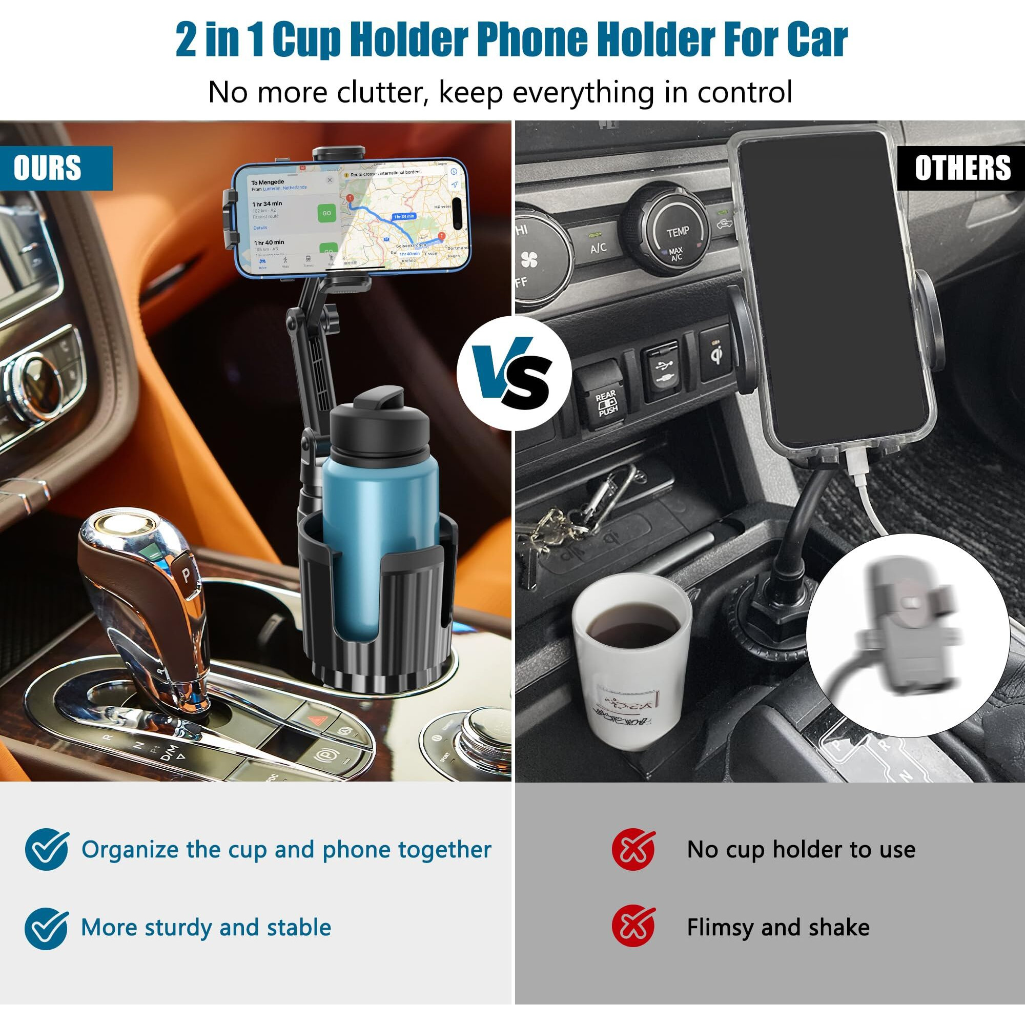 Cup Holder Phone Mount For Car, Car Cup Holder Phone Holder With Expandable Base, 2 In 1 Cup Phone Holder Adapter For Car, 360 Degree Rotating Neck, Fits All 4-7    Smartphones And Most Bottles