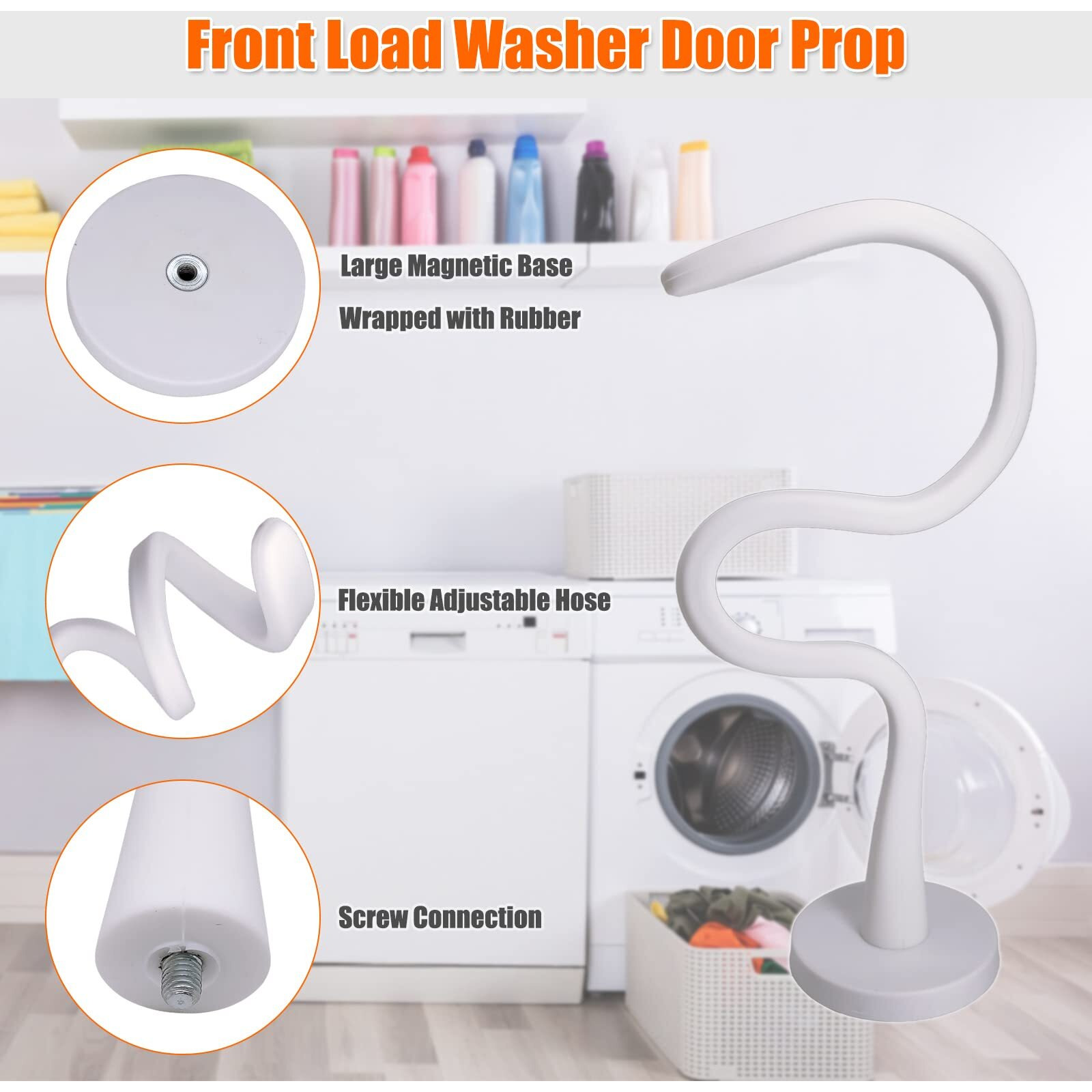 Front Load Washer Door Prop And Stopper - Magnetic Washing Machine Door Holder With 2.6-Inch Magnet Base, Removable Washer Door Stopper Keep Washer Door Open To Prevent Odors (White)