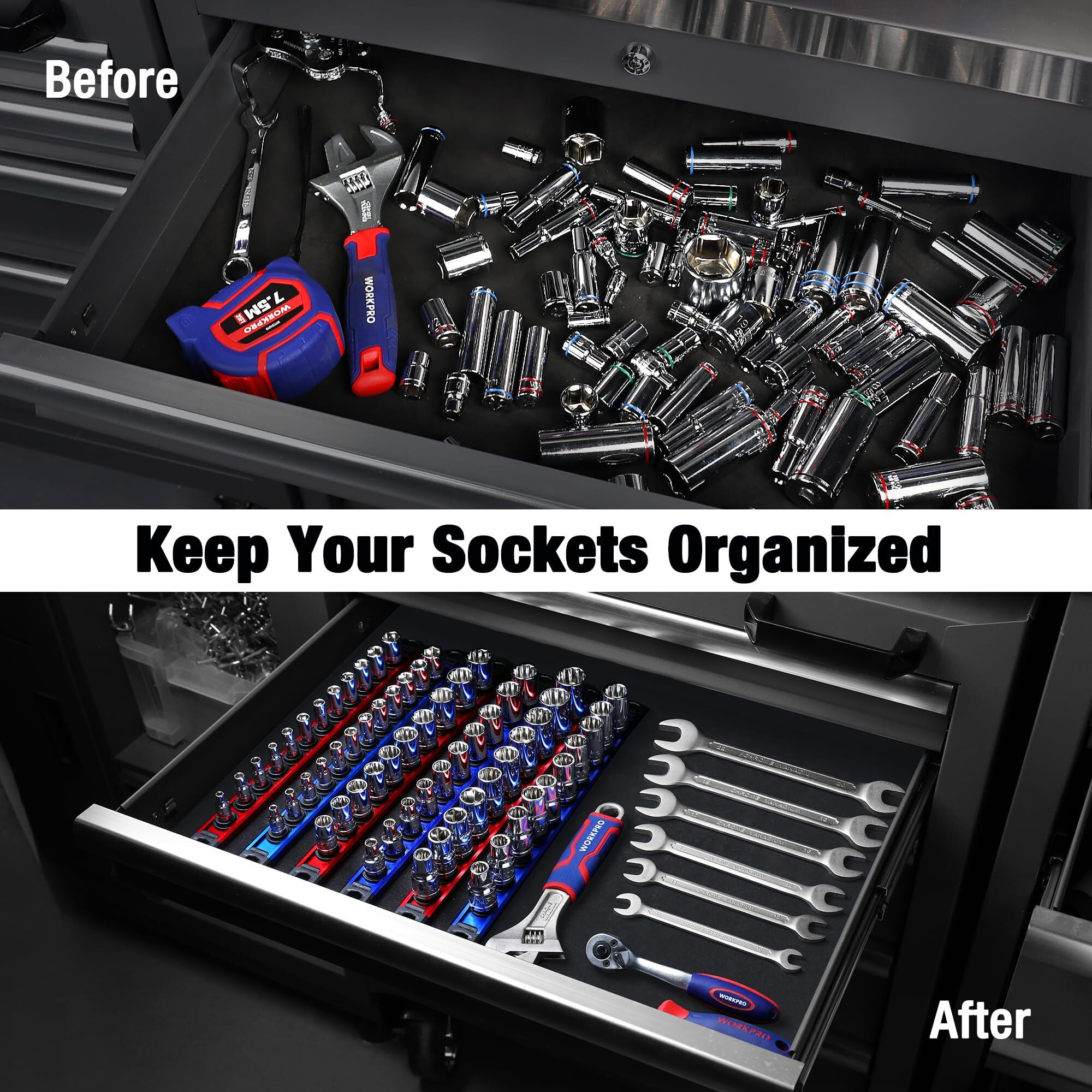 Workpro Magnetic Socket Organizer Set, 3-Piece Aluminum Alloy Socket Rail, Heavy Duty Socket Holder, Socket Rack Kit 1/4-Inch X 12 Clips, 3/8-Inch X 10 Clips, 1/2-Inch X 10 Clips (Red)