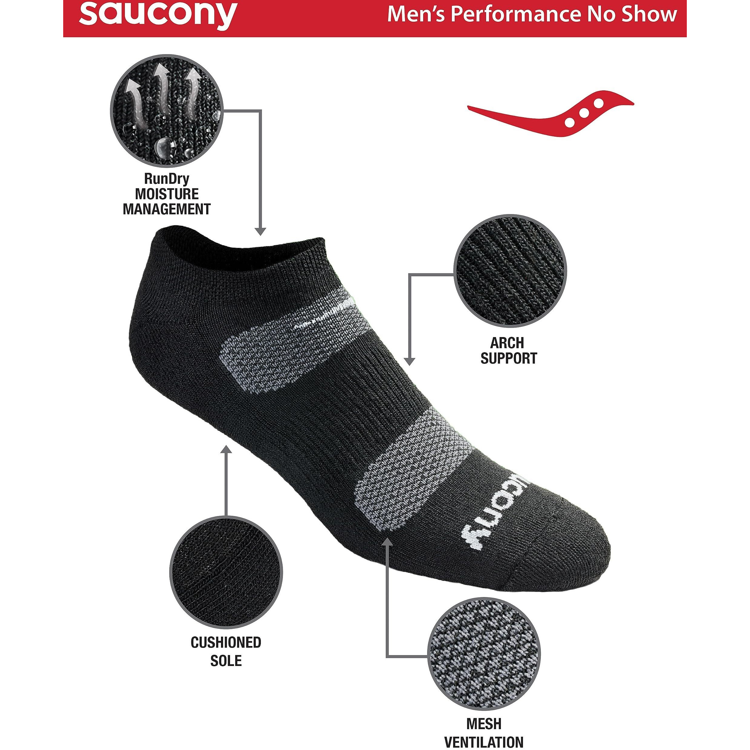 Saucony Mens Multi-Pack Mesh Ventilating Comfort Fit Performance No-Show Socks, Black Basic (6 Pairs), Shoe Size 8-12 Us