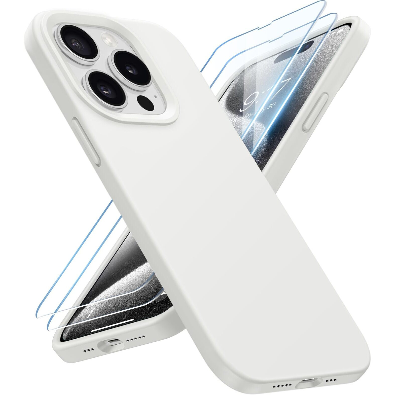Buydot Designed For Iphone 15 Pro Case, Silicone [15Ft Military Grade Protection] Phone Case With [2 Screen Protectors], [Anti-Scratch] Slim Cover Shockproof Phone Cases 6.1 Inch, White