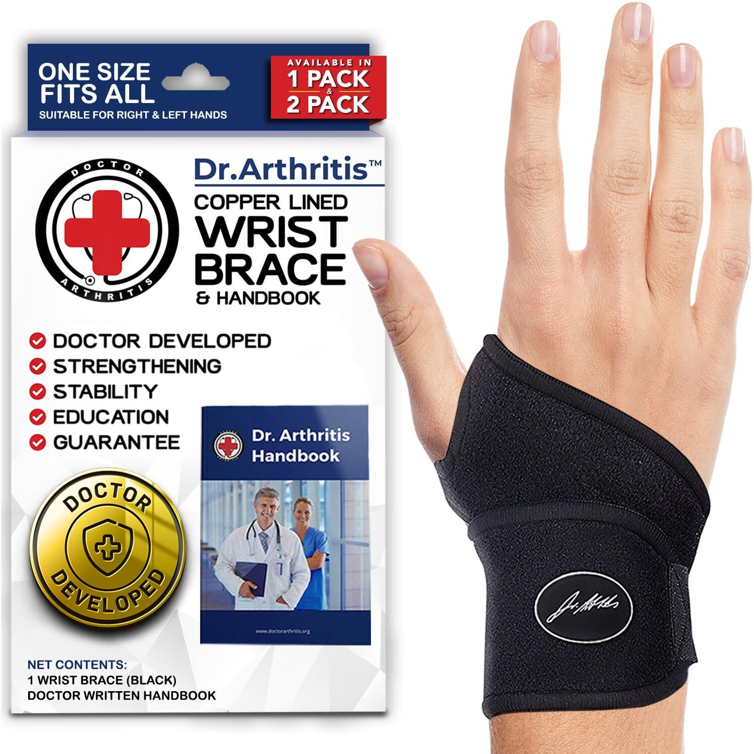 Dr. Arthritis Doctor Developed Copper Wrist Wrap/Wrist Brace For Carpal Tunnel Support, Tendonitis, Golf, Tennis -F.D.A Medical Device & Doctor Handbook For Women Men - Right & Left Hands (Single)