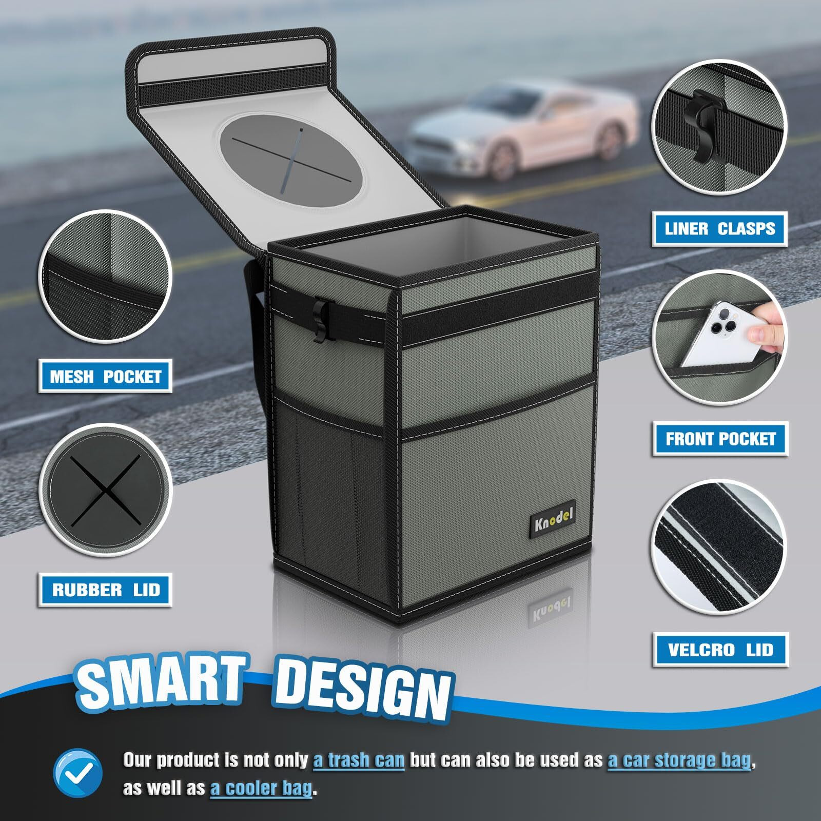 K Knodel Car Trash Can, Waterproof Garbage Can, Trash Bag With Lid, Leak-Proof Car Bin, Trash Hanging Bag For Suv (Large, Gray)